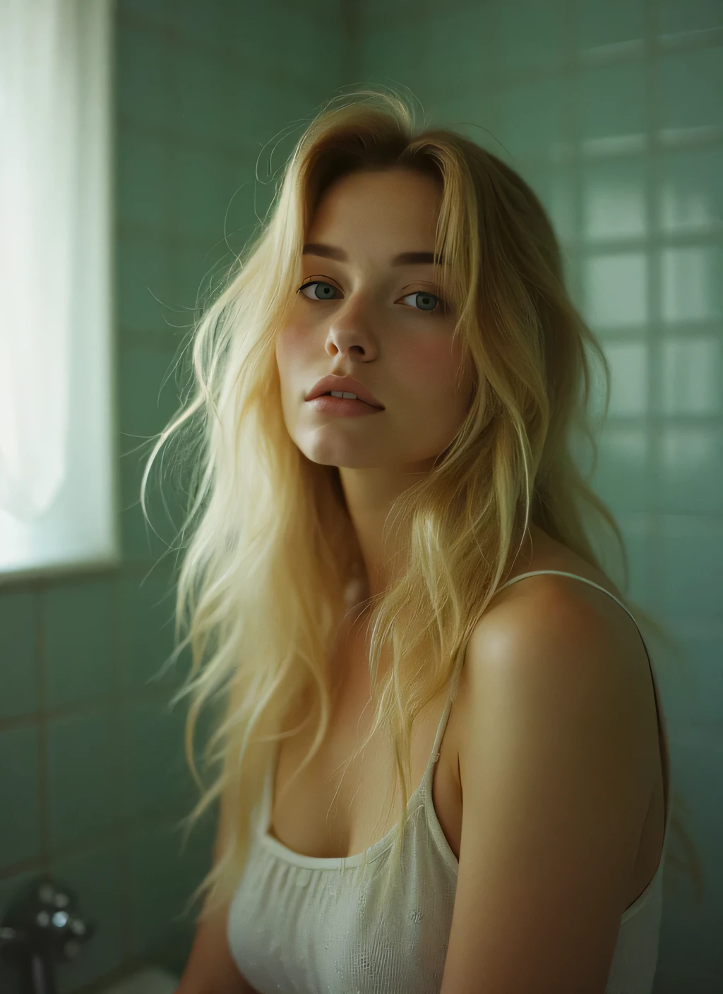 portrait of 1girl, in bathroom, blonde, russian girl, RAW candid cinema, 16mm, color graded portra 400 film, remarkable color, ultra realistic, textured skin, remarkable detailed pupils, realistic dull skin noise, visible skin detail, skin fuzz, dry skin, shot with cinematic camera, full body,