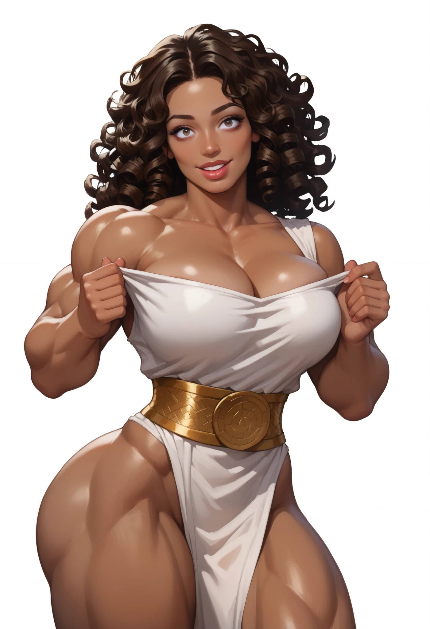attractive arabian woman, ripped muscle, muscular body, pale skin, smile(blush), nude, necklace, sixpack abs, [ultra detailed skin:1.2], dark brown hair, hair bun, 8k uhd, pussy, stand,