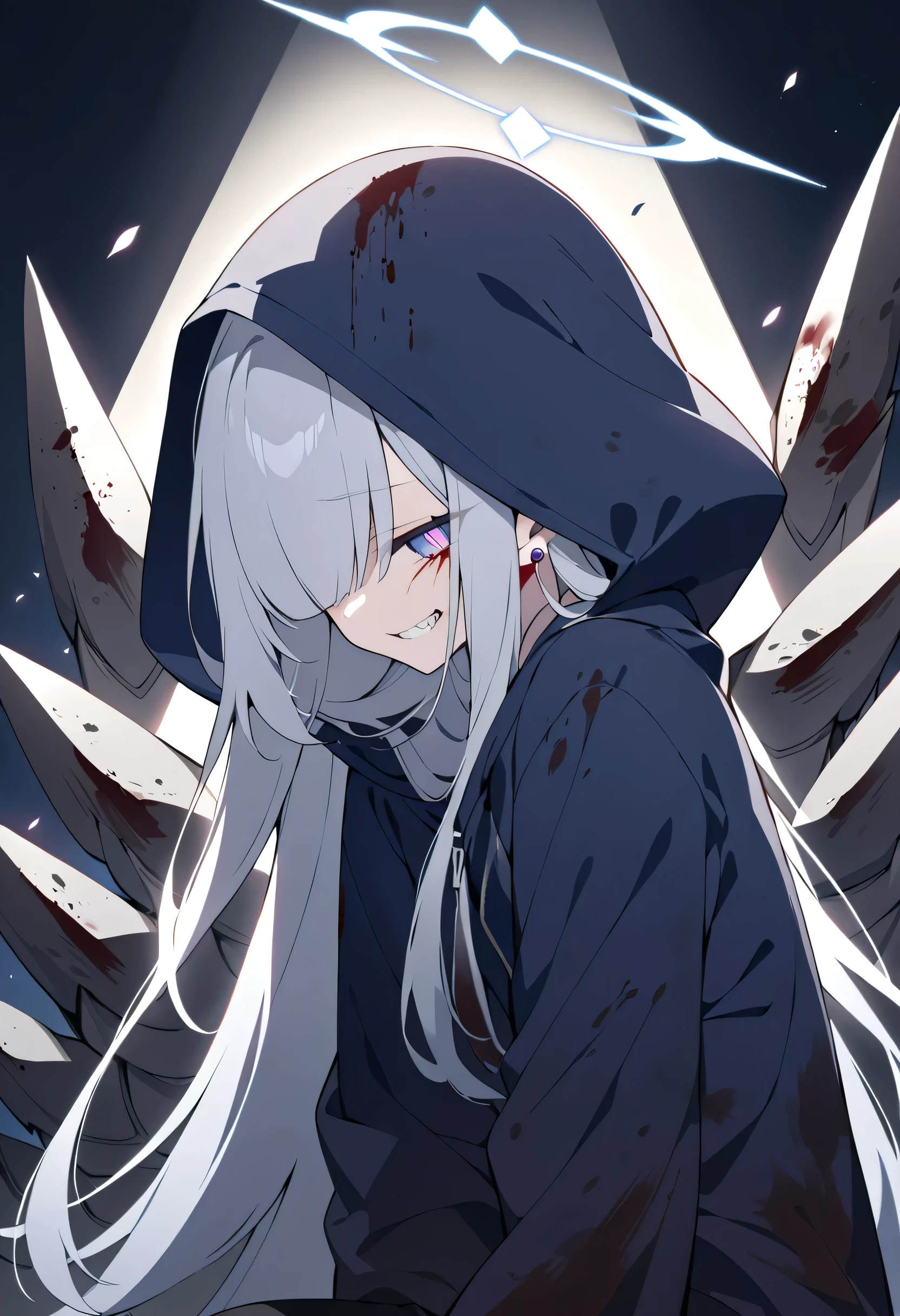 long hair,Silver Hair, girl,Light blue halo, earrings,alone,night,Purple Pupils,night,dark blue jacket,dirty clothes(stained with blood),black sweatpants(Be covered with dust),hair covers the eyes,wearing hood hood up,An evil smile, heads down,Cover one's eyes with a hood, Exposes teeth ,Showing claws