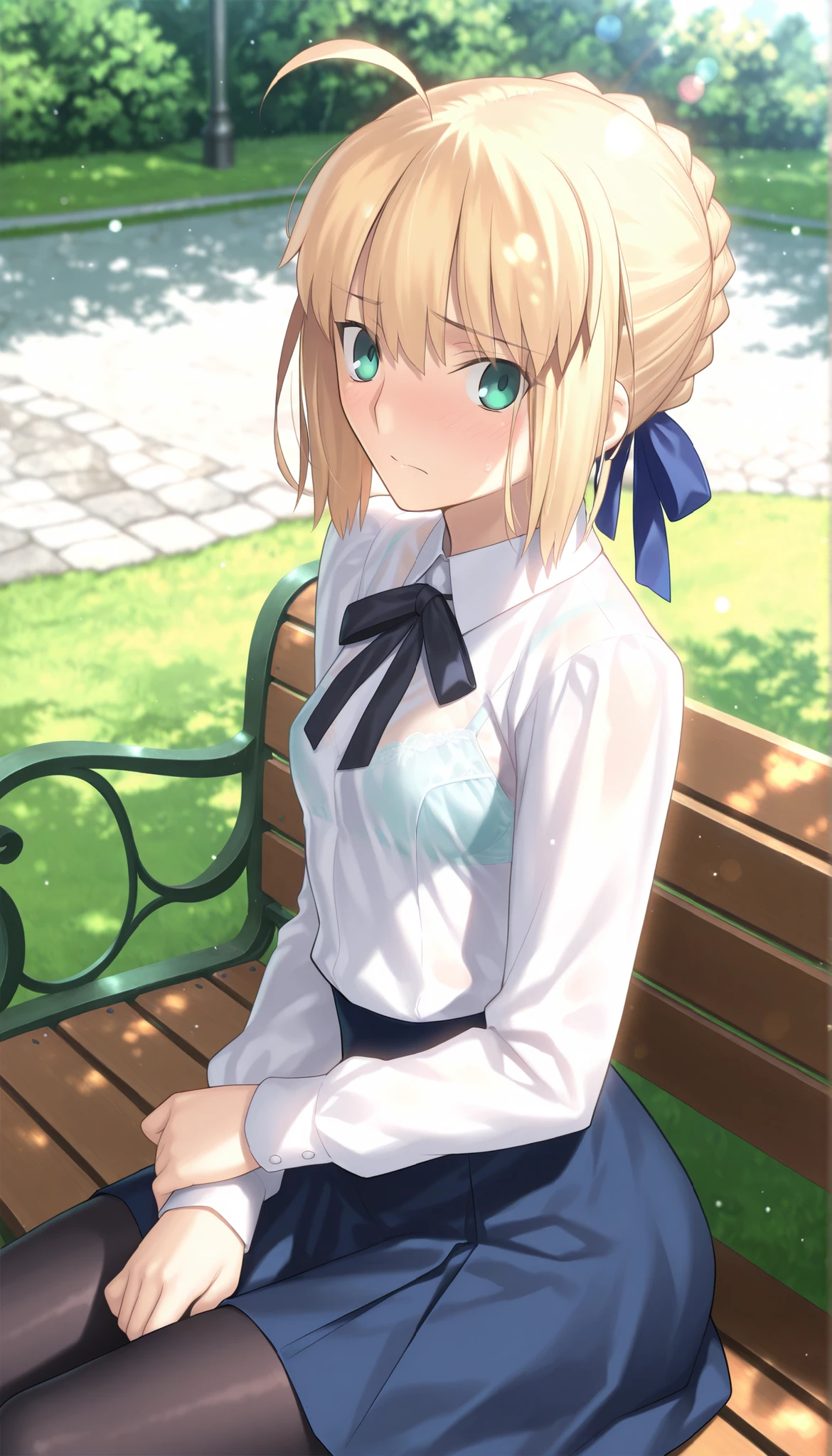 masterpiece, , absurdres, highres, detailed background, high resolution, masterpiece, necessary, detail, best quality, quality, necessary, details, High details, Precise, dark, outdoors, dappled sunlight, day, lens flare, blurry background, from above, upper body, from side, from above,
1girl, solo, Takeuchi Takashi (type-moon,fate) style, takeuchi takashi style,
tall girl, mature, artoria pendragon, artoria pendragon (fate), saber, hair bun, single hair bun, braid, blonde hair, green eyes, , ahoge, small breasts, ,(sitting on bench), embarrassed,
(skirt, shirt, long sleeves, ribbon, white shirt, pantyhose, black pantyhose, blouse,), see-through, bra, undress black ribbon, small breast, flat chest, , looking at viewer, ,