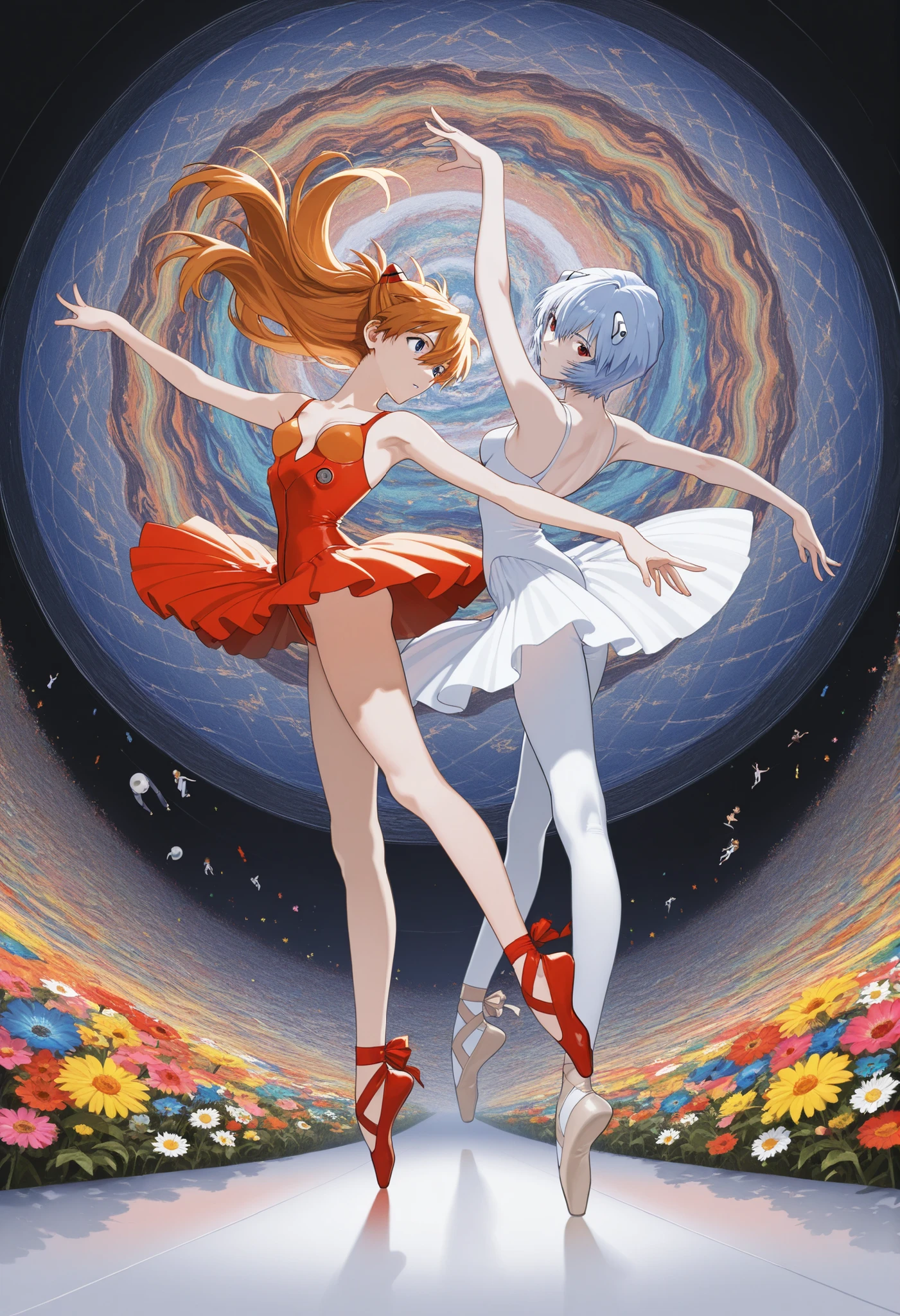 masterpiece,best quality,Y0ney4m4_illu,digital art, surreal, dynamic composition, 2girl,duo, Asuka Langley and Ayanami Rei from eva,duo,bangs, hair ornament, full body,dancing ballet, colorful flowers,