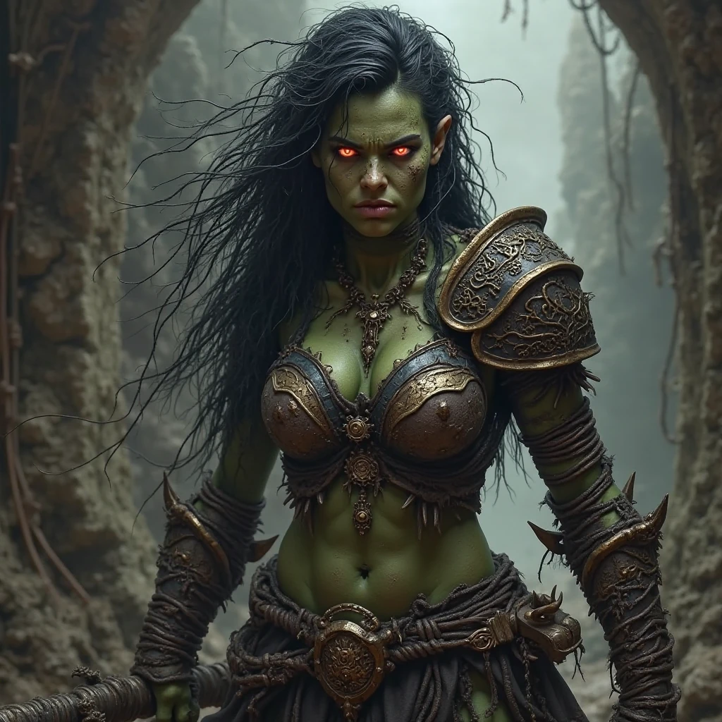 (highres:1.2),ultra-detailed,(realistic:1.37),beautiful african,half-orc warrior,scared expression, soft facial features, (((green skin))), (((chainmail armor))), (((chainmail bra))), red eyes,chains, (((wielding a battle axe))), long wavy hair,dark dungeon,low lighting,shackles,desperate look,fine artwork,detailed background,soft shadows,vivid colors,surreal atmosphere,subtle textures,very beautiful,emotionally charged, (((no nude))), full body pose