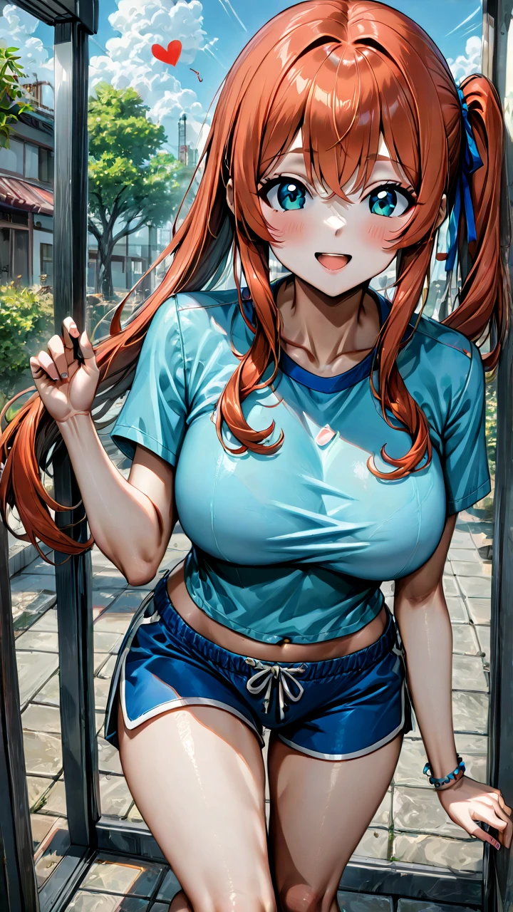 (( Highest quality, High resolution, Hmph, Pixel perfect, 4K, Hmph, Hmph))), 1 girl, single, alone, Beautiful woman、I could see the whole body、 ((Medium Wavy Hair, bangs, Redhead、Yellow headband、)), ((Brown eyes, Beautiful eyelashes, Realistic eyes)), ((Detailed face, blush:1.2)), ((Smooth texture:0.75, Realistic texture:0.65, Realistic:1.1, Anime CG style)),Embarrassed face、 、((((Sweaty all over)))), Dynamic Angle, Perfect body,Leaning forward significantly、(Exposing your buttocks.、Sur legs、cover your chest with your hands),(Pink Ranger), (alone) (Blue jumpsuit), (Minkit), Pink Darth, Under the belt, White gloves with pink diamond design, (White boots with pink diamond design), (18-year-old), Smile at the audience,(Sunny Tokyo background:1.2), colorful, thin waist and thick hips, Wear tight-fitting clothing, Fits your beautiful body, White skin, , Big Breastsが垂れる, Cron, Larger than the shoulder blade, Hourglass illustration, The pelvis is Larger than the shoulder blades, thick, Fitness Model, Red cheeks, I breathe, Sweaty, Soaking wet, Laughter、package、cover、advertisement