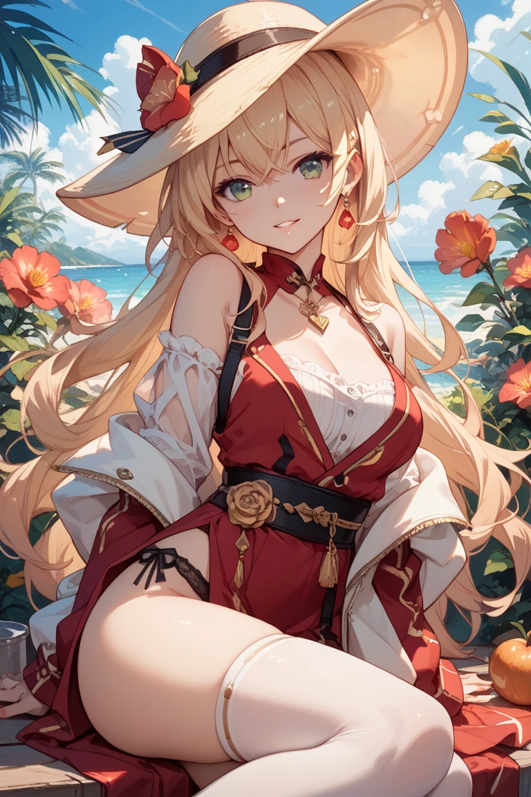 Tsunade, Fifth Hokage, black bikini, blonde hair, signature red markings, redhead bow, purple makeup, seal markings, red tether than gold, naruto, open legs, eyes looking at the camera, golden wavy curls, red string bikini, classic black high heels with red soles, sitting on the beach and looking at the camera, Hawaiian beach in the background with coconut trees, background does not need to be blurred, one foot upturned leg holding black high heels, full body picture, big beauty, big, sweat beads, moles under the mouth, heart pupils, High detail, high detail, full body, sexy lips, European and American mature women, heavy makeup, black-framed glasses without ankle rings, perfect body proportions, head should not be too large, M open legs under mouth mole, under the eyes mole, heart pupils, roll your eyes, moles under the eyes, blush, seductive smile, from above, first-person perspective, high quality, ccurate, fair skin, super detail, high detail, high quality, ccurate, textured skin, bright red lip gloss, looks hot and sexy sweating, Fair skin, small moles on the upper lip, touching her ass --auto
