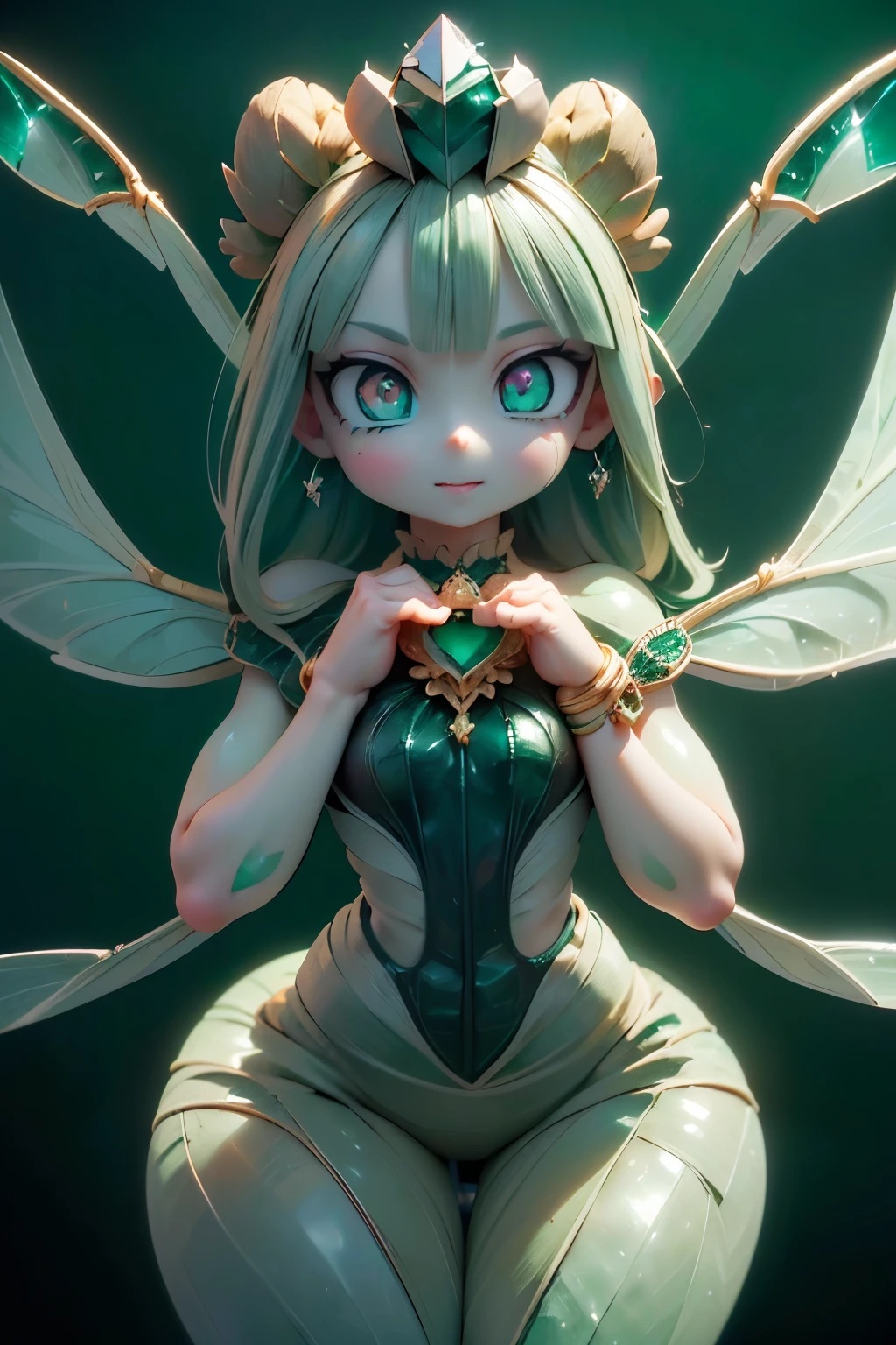 solo,1 Female,cute, cute,small ,Skin color is white,(Succulents Succulents Fairy:1.5),(An accurate and perfect hand:2.0),(Anatomically Accurate Hands:2.0),( ballerina pose :1.5),(Emerald Green Jewel-like Eyes:2.5),(Glittering Highlights Reflected Light:2.0),(Background is a Blue Sky and Beautiful Fresh Green Forest:1.5),(Yellow-green shiny semi-long hair:1.2),(is smiling:1.2),(with large transparent Dragonfly and agave wings growing on its back:1.7),(beautiful luxurious dress like metallic green Succulents:1.5),big cute smile,(Dragonfly's Beautiful Wings on Her Back:1.5),[Dragonfly Wings:1.5],(The background is a blue sky, beautiful fresh greenery, and an agave forest:1.5),(8k,very detailedCGユニットのwallpaper, masterpiece,high resolution, real texture skin,surrealistic,increase resolution,RAW photo,best quality,very detailed,wallpaper,Movie Lighting, Raytrace ,face close-up,(Face Light:2.0),(Increase overall color saturation:2.0),(cowboy shot:1.5),