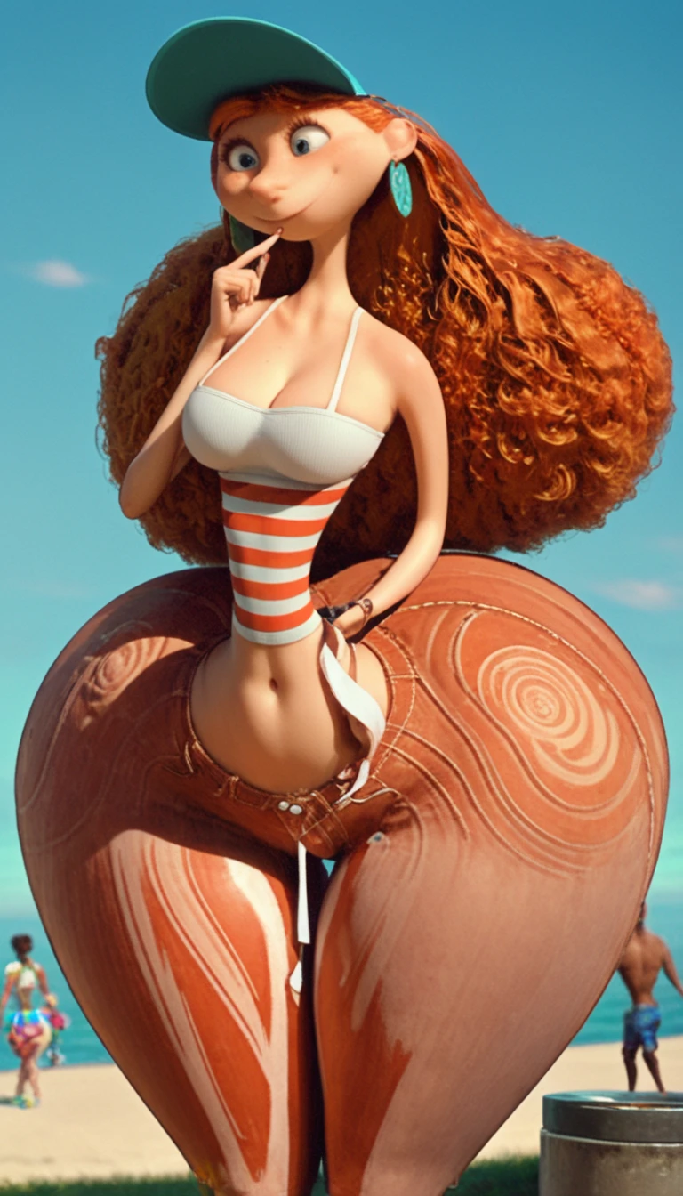 a hyper-realistic, highly detailed, photorealistic, 8K image of an angry woman with massive hips, thick thighs, a hat, and a huge ass, with cum on her face , angry face, sex, long orange hair, gangbang sex, multiple men, several penises, beach gangbang, (cum in mouth), covered in cum, (scared sex), (angry), ((gigantic ass)), (grossed out), (pov tiny penis sex)