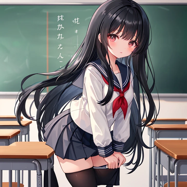 -year-old flat chest black hair long hair are ple embarrassed look((1 person)) White upper body long sleeve sailor uniform Lower body navy blue miniskirt white panties She stands in front of the blackboard and lifts up her skirt with both hands to show her panties. sports boots spread your legs a little((I can see white panties)) dynamic angle Low angle from the front