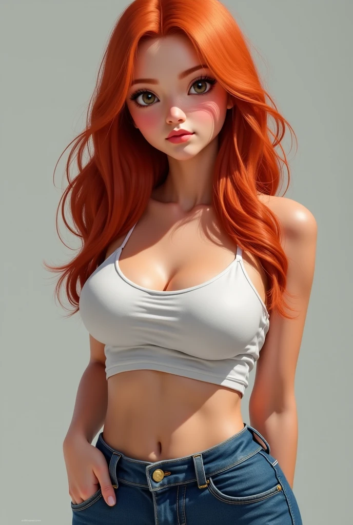 Goddess woman, red hair, blue eyes, red lipstick , cowboy shot, bokeh, close-up, from above, seductive look, green sleeveless shirt, beige denim shorts, white belt, perfect body, foco da boca para baixo