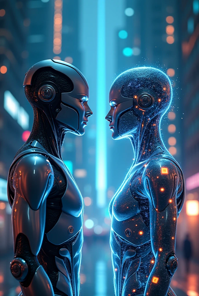 there are two people sitting together in the dark, complex cybernetic beings, arte conceitual emocional, por Beeple, interconnected human lifeforms, beetle and james jean, beetle and tim hildebrandt, beetle and mike winkelmann, consciousness projection, 真实感 | beetle, beetle art
