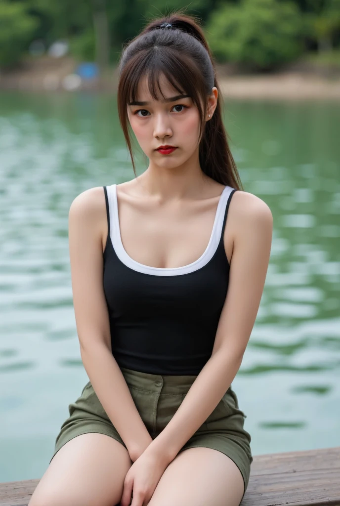 Look here and smile、Colorful summer clothes、top-quality、masterpiece、超A high resolution、(realisitic:1.4)、Very wide lens、a closeup、Beautiful young woman、Beautiful detail eyes and skin、ssmile、Brown short-cut hair、 bust、Small necklace、、a straw fedora hat、、Summer sky、(highest image quality:1.35), high quality, Realistic photo, (A beautiful woman:1.33), beautiful expression, (delicate eyes:1.3), (delicate face:1.3 ) , Smile, (shiny hair:1.2), Super detailed , high resolution, Sporty figure, (big breasts:1.25), (long hair:1.2), (beautiful woman), ( Navel cute:1.2), (Depth of field f/1.8:1.45 ), sharp focus, original photo , (Thin black shirt:1.45), (Thin white pants:1.4), (Thin tight black pants:1.4 ), (sports bra:1.4), (Thick thighs:1.5), (Forward facing:1.25), (cowboy shots:1.4), (Night sports:1.4), (dark sky:1.5 ),