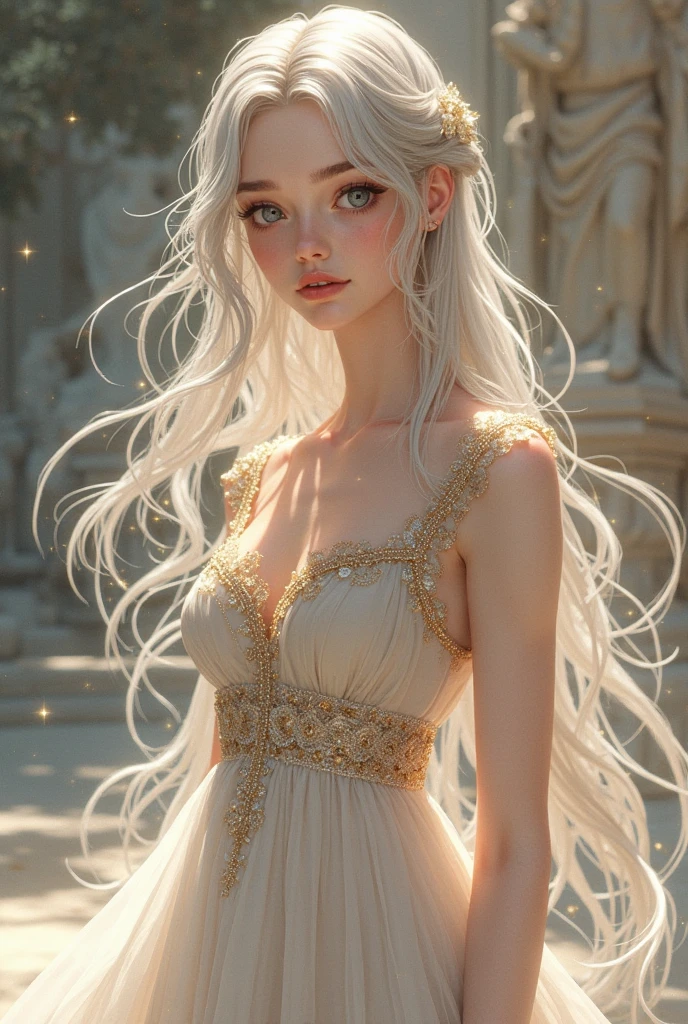((Highest quality)), ((masterpiece)), (detailed), White hair that glows pale in seven colors、Long Wavy Hair、Curly long hair、The forehead is protruding、Dawn-colored eyes、beautiful girl、human、One person、flower、Smile、curly hair,Ancient Greek and Roman Dresses、One personのbeautiful girl