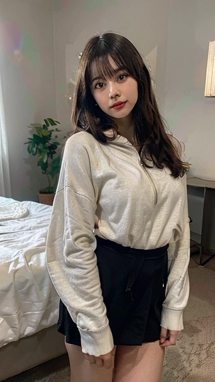 (Melhor qualidade, 8k, 32k, obra-prima, UHD: 1.2), foto bonita da mulher coreana, seios grandes, cabelo muito curto, parte superior do corpo, (oversized_sweater, : 1.1) colar, fundo simples, passeio, sorriso, segurando um livro