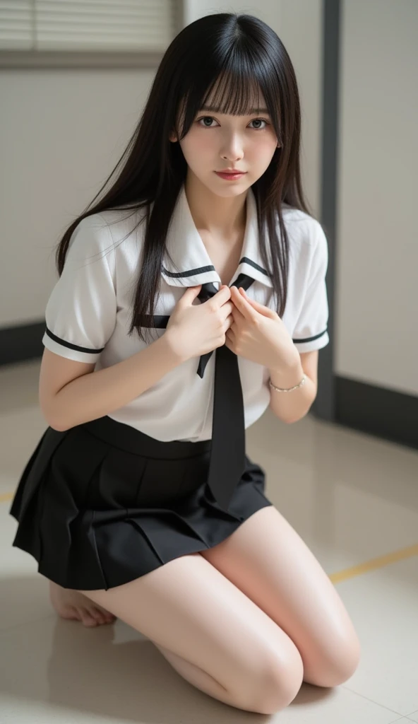 tmasterpiece，best qualtiy，ultra - detailed，illustratio，Colorful，Falt color，depth of fields，lens flare glow，1girll，Hong Kong beauty，A smile、A slight smil、Tekatka skin、glowy skin))、Royal sister style，Sexy style，sitted，brunette color hair，looking at viewert，schools，‎Classroom，Pleated miniskirt，校服，serafuku，black pantyhoses，Detailed skin texture，Fine cloth texture，Nice and delicate face，quite embarrassing, , Thin legs, Tight skirts, I see underwear、I can see the pants、Glimpse、walkway, RAW photos, 8K, Highest quality, Ultra-high resolution, Beautiful face details, Real human skin, Gentle expression, Front view, From the angle from below, Long hair, Realistic, Photorealistic, Cute, Short skirt, Cute school girl, Japanese schoolgirl uniform, Wearing a Japanese school uniform, Surreal high school girl, Whole body,Panchira、Crouching position、Underpants、underdressing、