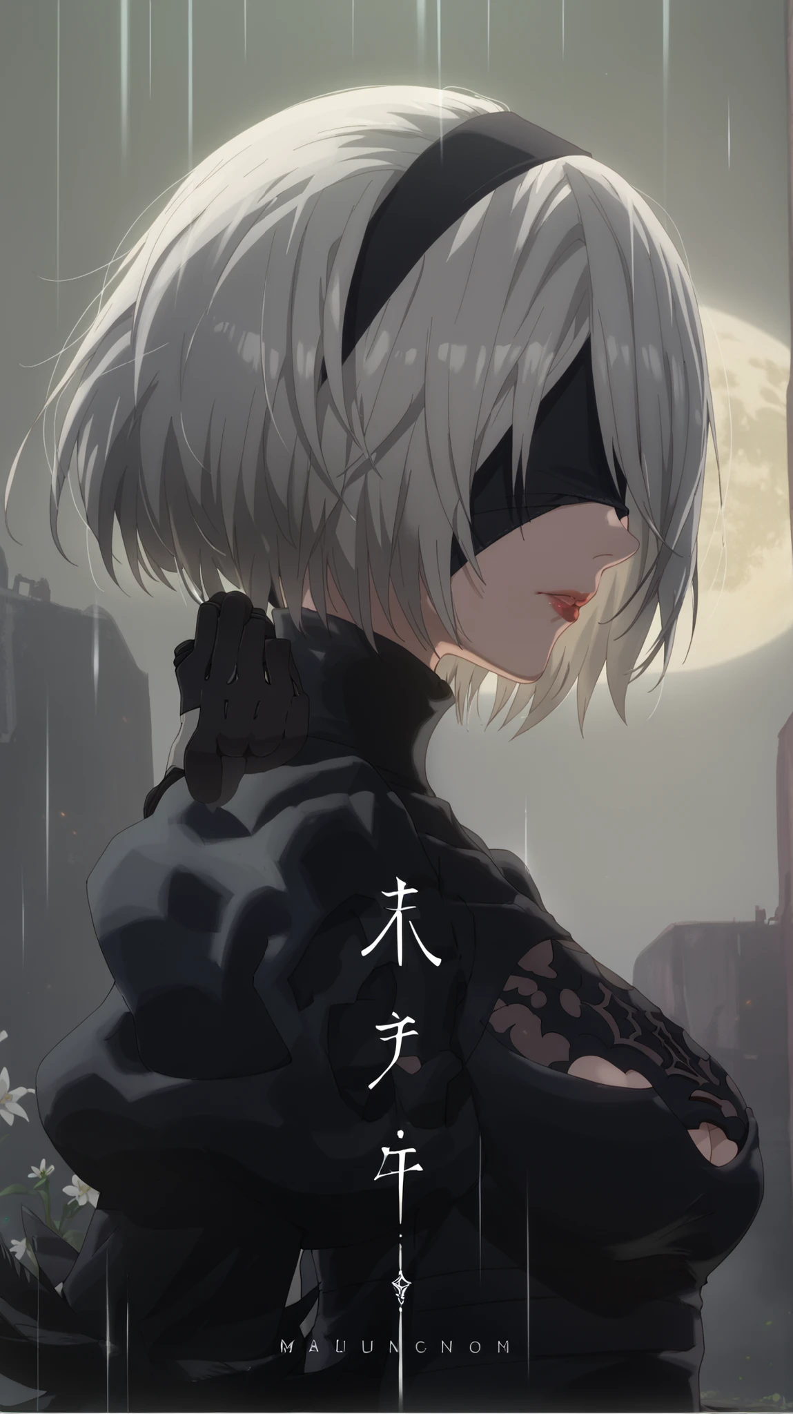 masterpiece, best quality, absurd, highres, newest, 1 girl, solo, night, moon, 2B (nier:automata, yorha no. 2 type b, 1 girl, Blindfold, breasts, cleavage, cutout neckline, cutout neckline, clothing cutout, green background, hair between eyes, headband, highres, juliet sleeves, long sleeves, puffed sleeves, red lips, shaded face, short hair, single , High neck, upper body, White hair, White background), silver details, standing on mountain peak, night scene, full moon, back view, reaching hand towards moon, holding sword in other hand, glowing white flowers, soft moonlight, ethereal atmosphere, lush vegetation, central framing, mystical lighting, high detail, cinematic composition, remote view of the objects,