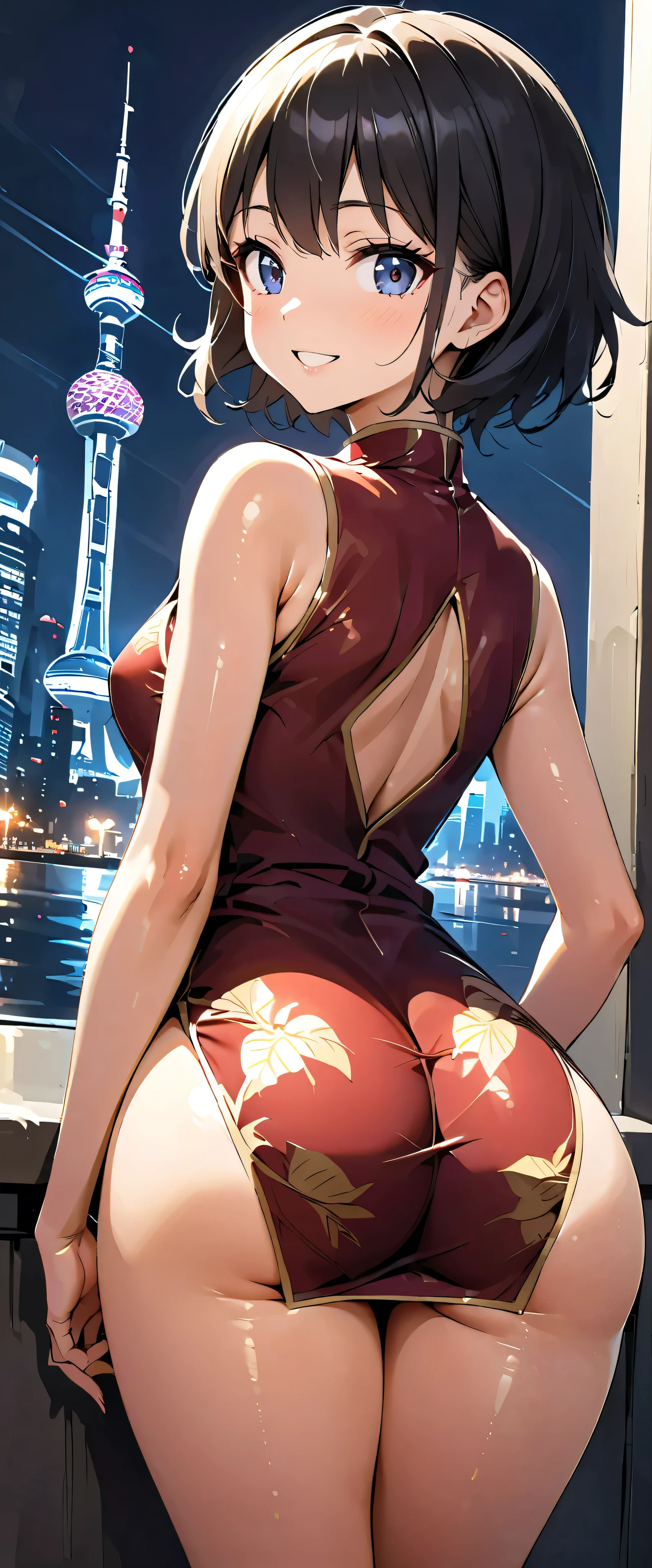 female,20 years old,city,((Shiny China Dress))),,Open Mouth Smile(()),、,(( look back ))()Reflecting Buttocks ,