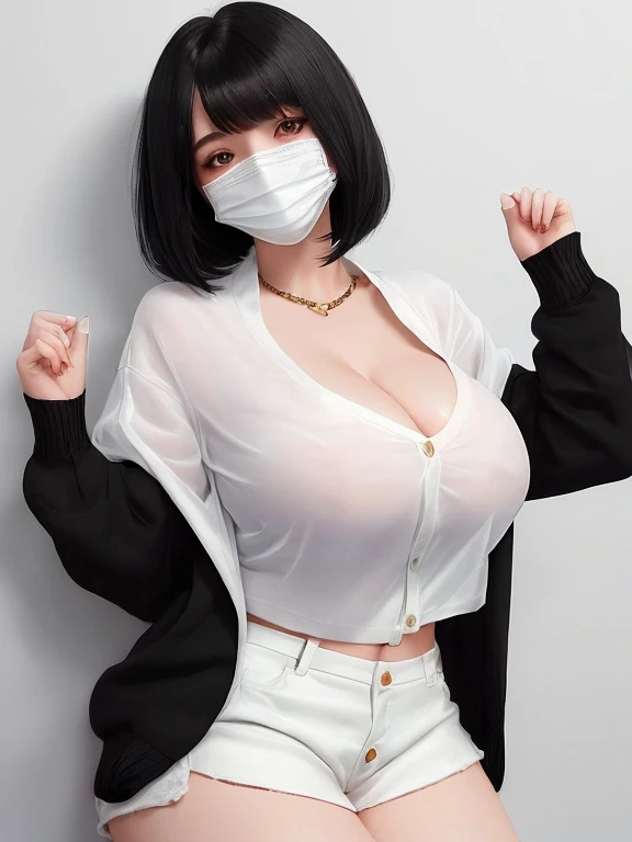 (masterpiece:1.3), (8K, realistic, RAW photo, highest quality: 1.4), (young adult girl), beautiful face, young and beautiful big breasts、big cleavage、(thin face), beautiful hairstyle, realistic eyes, beautiful and fine eyes, (realistic skin), beautiful skin, (ribbed fabric sweater dress、big size), disorganized, Charm, charming、ultra high resolution, surreal, very detailed, beautiful legs、Charmな太もも、((Full shot :1.8)) , school health room、School girl、((Hang your ID card around your neck with a lanyard))、O health room at night、Health room with lights out、late night、night light room、shadow、Looks embarrassed、shiny sexy lips and lip gloss💄、Glossy fluorescent pink lipstick、Shiraki Meiko 、(sweat, steam)、((mask、Thin drooping eyes、cold gaze、Don't look here))