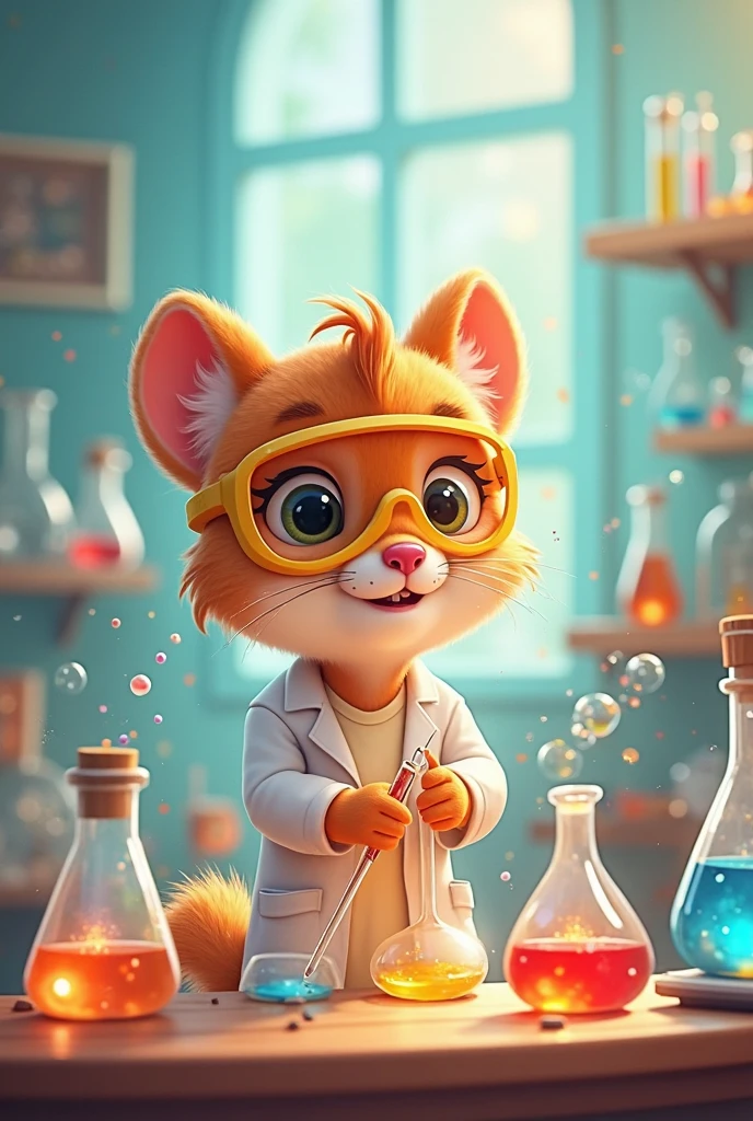 Generate for me an orange tabby male cat who is a QFB in the sample taking area. On his lab coat it should say QFB Héctor., like an anime
