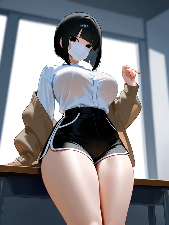 ((masterpiece, best_quality)), (photorealistic:1.4), solo, 1 girl, white_background, black_hair, short_hair, zettai_ryouiki, shirt and mini skirt outline nipple can be seen through the clothes, areola bulge, Chuck Taylor, belly, crotch gap, cameltoe ,shiny skin, sweaty skin, nose blush, underboobs, clit