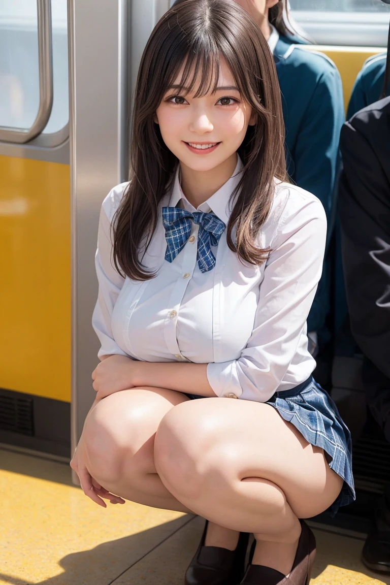 (nsfw, uncensored), BREAK, Japanese train, long seats, BREAK, (masterpiece, best quality, ultra detailed, (detailed face), detailed body, 8k), BREAK, (1 girl, Japanese, 13 yo, squint, stout, cute round childish face, natural medium-long hair, natural gigantic breasts, innocent, lovely, smile, white shirt, green bowtie, green checked skirt, (skirt lift), (bare childish pussy:1.3), (sitting, spread legs softly:1.4), school bag aside), perfect lighting, front lighting, (perfect hands, anatomical correct), front view, cowboy shot, perfect body balance, (arms aside softly), (panties:-2), slim legs, front lighting