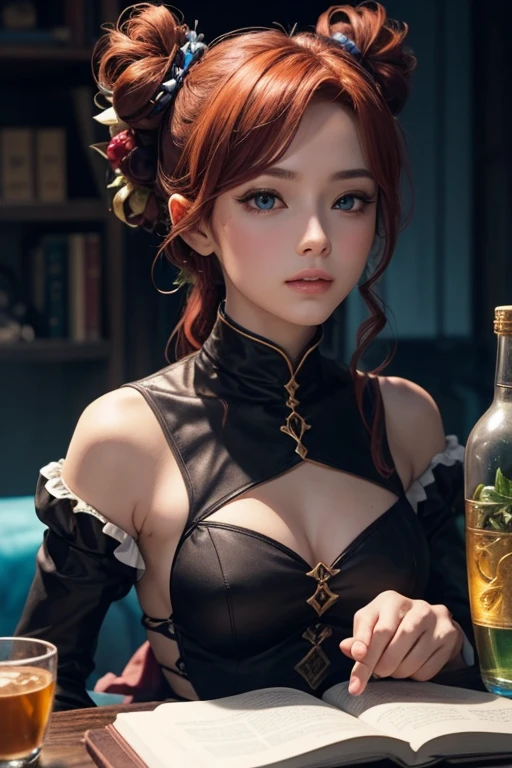 （best quality,masterpiece,Ultra-high resolution,photoactual:4：0),In the ruined castle,beauty,Elegant temperament,an oriental woman,25 years old,8k,Long flowing red hair,Devil's Horn,Big breasts,cleavage,,Wearing red lolita style,Magic Effects,steel sword,Black light on the sword,,Sword Runes