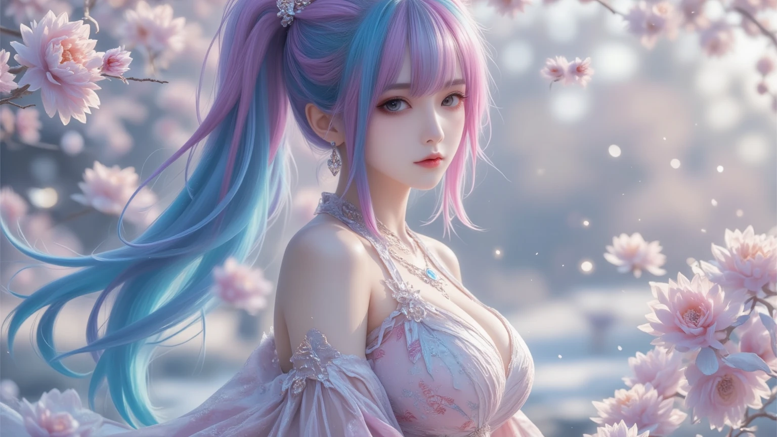 (Best Quality, 8K, Masterpiece, HDR, Soft Lighting, Picture Perfect, Realistic, Vivid), Bunny Girl (1.0), Bunny Girl with Pink Hair and Sexy Skimpy Clothes, pink bodysuit with glitter texture, Beautiful anime fantasy, Very beautiful and cute bunny girl, rain of pink flower petals, background blur, anime fantasy, work in Gouves style, realistic: 1.37, top view, lying in pink flowers, horizontal view, (Ultra High Quality Fantasy Art), Masterpiece, Female Model, Ultra High Quality Female Character Designs, Detailed 8k Anime Art, Realistic Anime Art, Highest Quality Wallpapers, Intricate Ultra High Quality Accurate Female Characters Faces, High Quality Designs and Accurate Physics (Fantasy- ultra-high quality art), dark fantasy style), masterpieces, super high quality characters, anime resolution - 8K, realistic anime art, wallpapers with the highest quality illustrations, ultra-high facial detail, high-quality design and accurate physics), color, depth of field, shadows, ray tracing, high quality workmanship. -high-quality and 8K resolution, (Accurate simulation of the interaction of light and materials)], [High-quality hair detail [More about beautiful and shiny white hair]], (Beautifully detailed hands [perfect fingers [Perfect nails]]]]]], (perfect anatomy (perfect proportions)))) [[Full-length]], [Perfect combination of colors (Accurate imitation of the interaction of light and material)], [art that conveys the meaning of history]