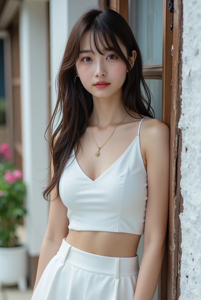 ((((absurdres, RAW photo, extremely delicate and beautiful, masterpiece, Best Quality, ultra high resolution, 32k, hyperrealistic, ultra-detailed)))), in her 20s, very Slim body, narrow waist, very small head, very small face, delicate facial features, beautiful face, beautiful eyes, ((((very huge round tits)))), medium hair, black hair, wavy hair, tearful mole, earring, ((full body shot)), casual, blouse, white shirt, buttoned shirt, bare shoulders, collarbone, midriff, navel, shorts, straw hat,