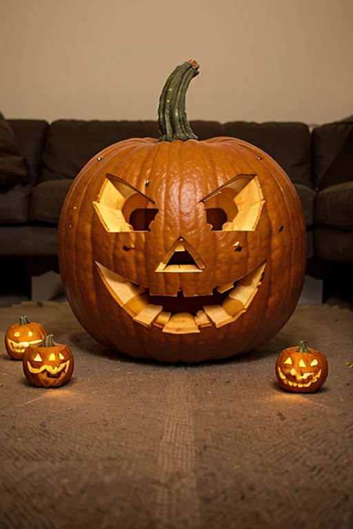 an evil sewn on leather face apple showing its sharp teeth on a front farmhouse doorstep in the early morning