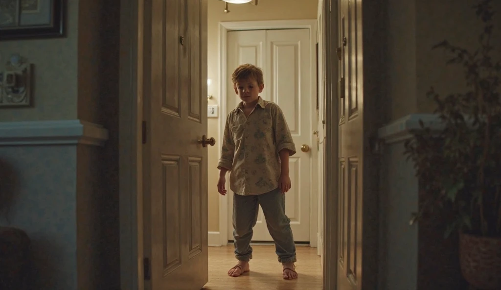 1 indian boy, wears tshirt and shorts, secretly sneaking into the bedroom behind from the door.