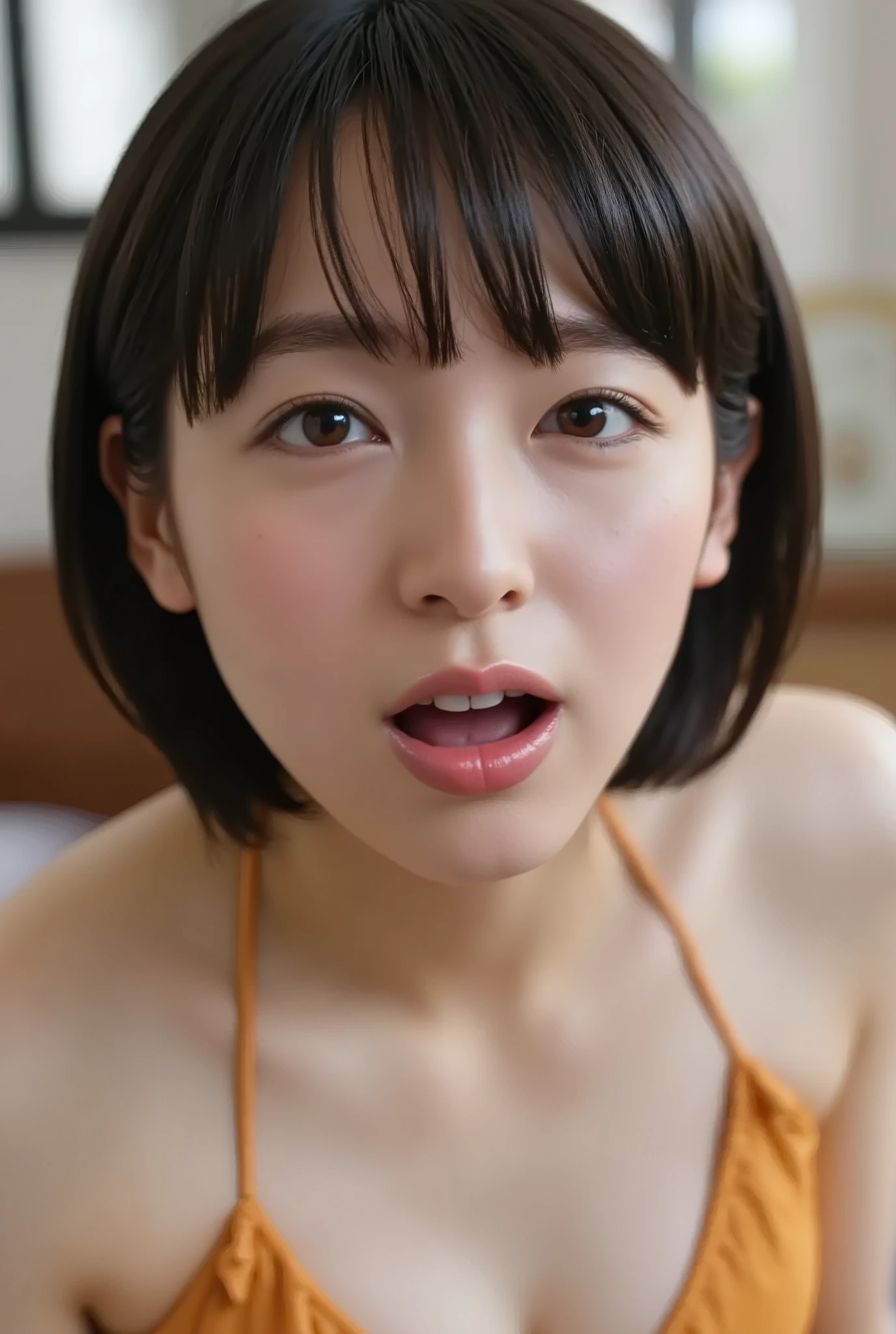 (( top quality )), ((masterpiece)), ( details), Japanese, first-person view ,1 girl, sexy,( in bedroom),((and open her mouth wide )),(( abnormally large breasts , underwear, short bob hair)), black hair , (( without makeup, small eyes))