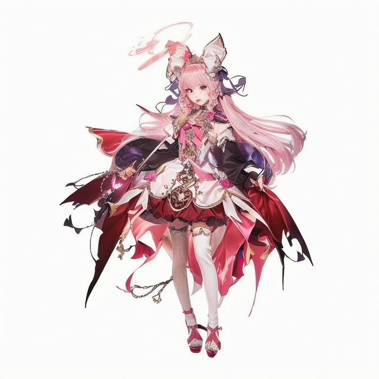 (masutepiece, Best Quality), 1girl, solo, full-body, pink-thighhighs, thighhighs, pink-hair, staff, smile, looking-at-viewer, shorts, holding, hood, breasts, holding-staff, tachi-e, cape, long-hair, black-shorts, blush, clothing-cutout, twintails, boots, standing, bridal-gauntlets, green-eyes, gloves, cleavage-cutout, cleavage, short-shorts, medium-breasts, straight-on, black-footwear, fingerless-gloves, bike-shorts, low-twintails, bangs, cloak, simple background