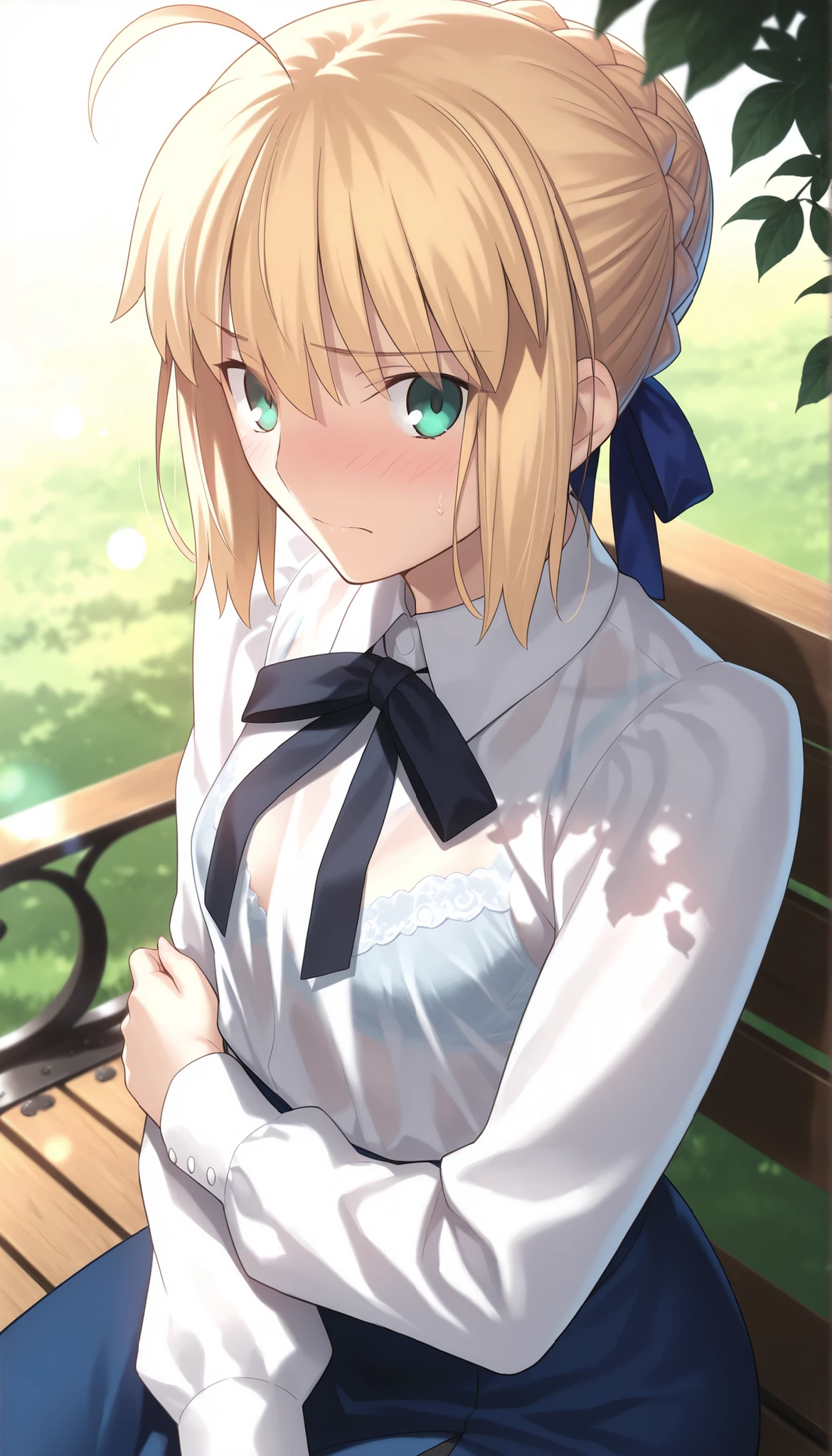 masterpiece, , absurdres, highres, detailed background, high resolution, masterpiece, necessary, detail, best quality, quality, necessary, details, High details, Precise, dark, outdoors, dappled sunlight, day, lens flare, blurry background, from above, upper body, from side, from above, close up,
1girl, solo, Takeuchi Takashi (type-moon,fate) style, takeuchi takashi style,
tall girl, mature, artoria pendragon, artoria pendragon (fate), saber, hair bun, single hair bun, braid, blonde hair, green eyes, , ahoge, (sitting on bench), embarrassed, arm under breasts,
(long skirt, shirt, long sleeves, ribbon, white shirt, pantyhose, black pantyhose, blouse,), see-through, bra, undress black ribbon, small breast, flat chest, , looking at viewer, ,