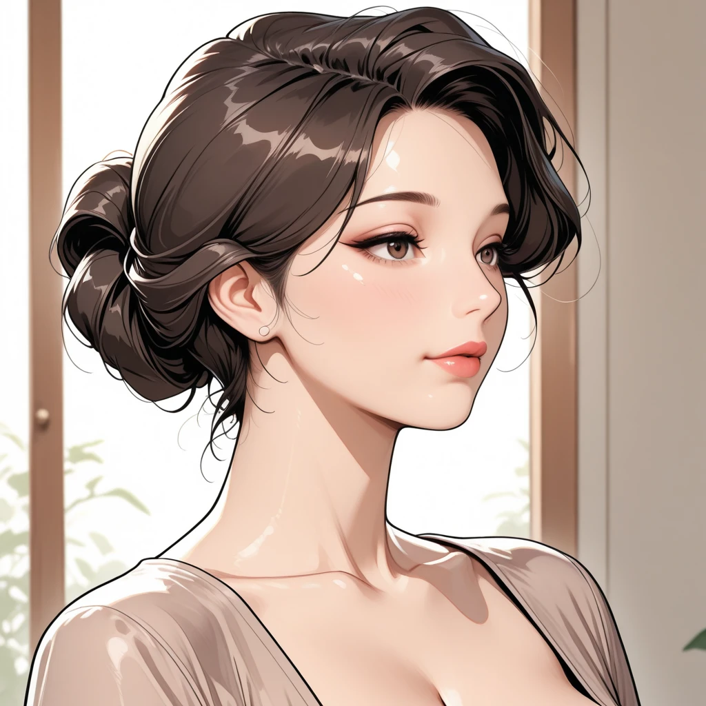 masterpiece,best quality,absurdres,photorealistic,mature female,sagging breasts,<lora:xiuxiang:0.6>, brown_hair,hair_bun,brown_eyes,cleavage,
