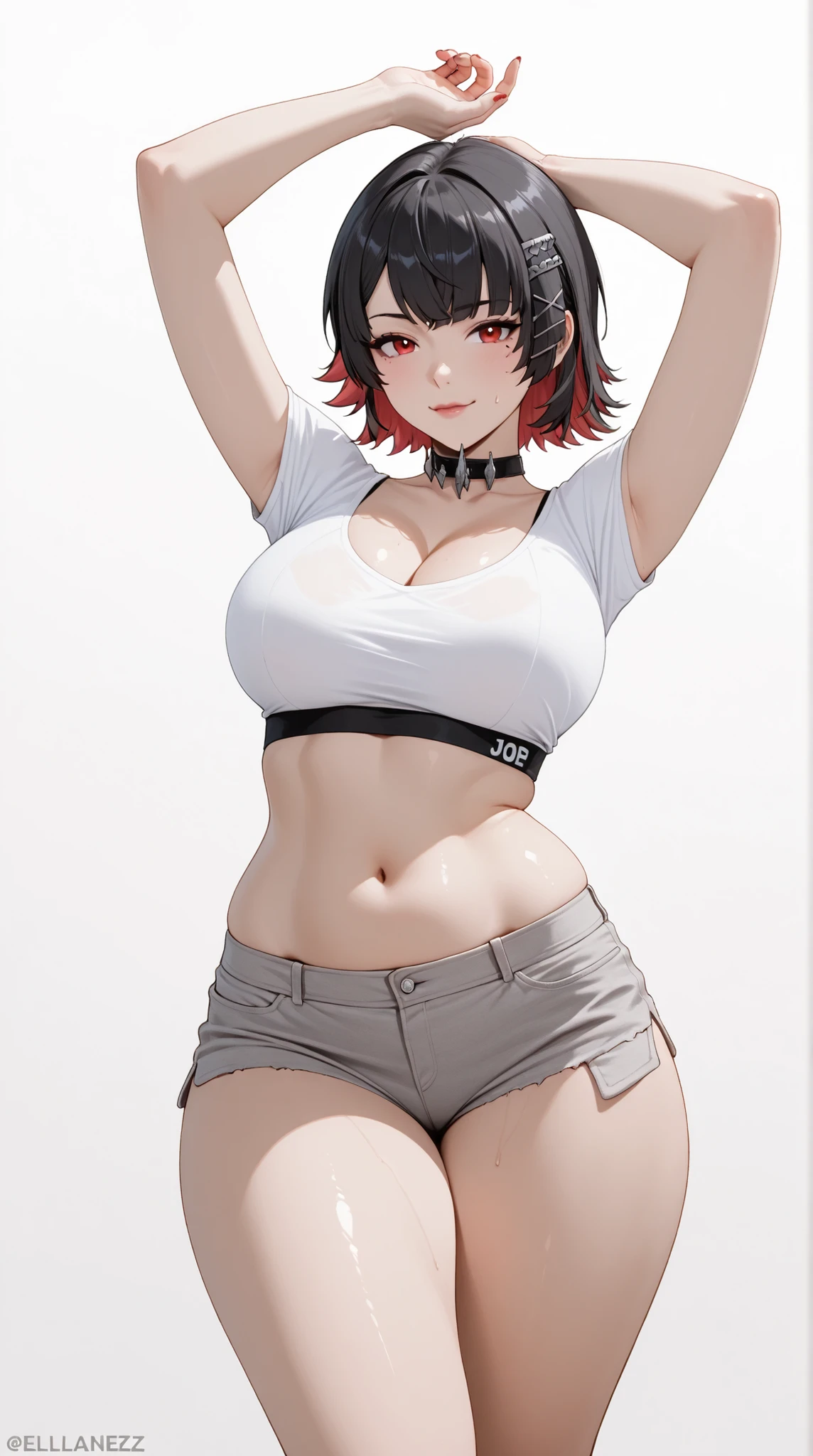 masterpiece, extremely detailed, perfect skin texture, 4k, solo, 1girl, adult,((fullbody)), stand up, ellen joe, sexy legs, perfect body, large breasts, white tshirt, grey shorts, housewife, soft light, high detailed, best quality, midriff, navel, navel line, belly, bare belly, sexy, hot girl, hot woman, big breasts, sexy girl, sexy woman, korean face, beautiful, thick thighs, thigh thighs, upper body, tshirt, crop top, beautiful girl, beautiful woman, hot pose, perfect hands, wide hips, expressive, looking at viewers, front look, sexy pose, photography, white plain background, white background, mature, cleavage, girlish face, red eyes, black hair, short hair, colored inner hair, hairclip, ellenJoeZzz, cowboy shot,((white plain background))