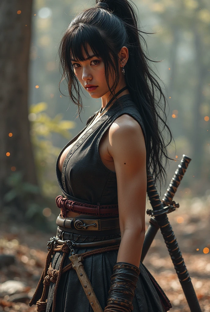 ((beste-Qualit)), ((tmasterpiece)), (A highly detailed:1.3), 3d, shitu-mecha, Beautiful cyberpunk woman with fur in the ruins of a city in a forgotten war, Ancient technology, HDR (High Dynamic Range), ray traced, NVIDIA RTX, super resolution, Unreal 5, sub-surface Scattering, PBR-текстура, postprocessed, Anisotropic filtering, Depth of field, Maximum sharpness and sharpness, multi-layered texture, albedo & Light Maps, Surface shading, Accurate Light-Material Interaction Simulation, Perfectly proportioned, Octane imaging, Duplex lighting, Low ISO, White balance, the rule of thirds, Wide aperture, 8K RAW, efficient sub-pixels, sub-pixel convolution, glowing particles, light scattering, Tyndall effect, Sheer clothing, shapely body, ((Miniature body)), Seduction with lace, naked legs, Mini thongs, long leges, thights, big breastes, stocklings, upturned hips, big breastes, big breastes, big breastes, High Split Jeongsam, flirty type, Bewitching, flirtatious breast leakage, Burst breasts, hairlong, hairlong, big breastes, Seduction, High, dark-skin, mesh stockings, broken nets, coat, (holding one katana in his right hand:1.5), (Fighting Sexual Pose).