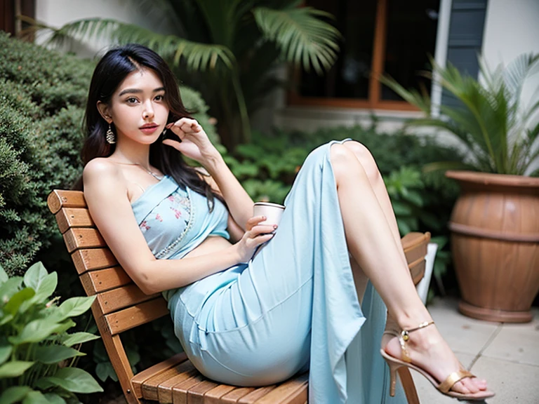 Woman sitting on the ground、Beauty、Well-balanced proportionedium build、Small face、Small breasts、Small Ass、grassland、There are a lot of trees、Wearing a yellow short-sleeved long dress、White panties、Uniform left and right eyes、blue sky、, black hair, long hair, messy hair, floating hair, earrings, parted lips, happy, seductive smile, Surrealism, Verism, cinematic lighting, first-person view, f/1.2, Nikon, UHD, best quality, highres, 8k