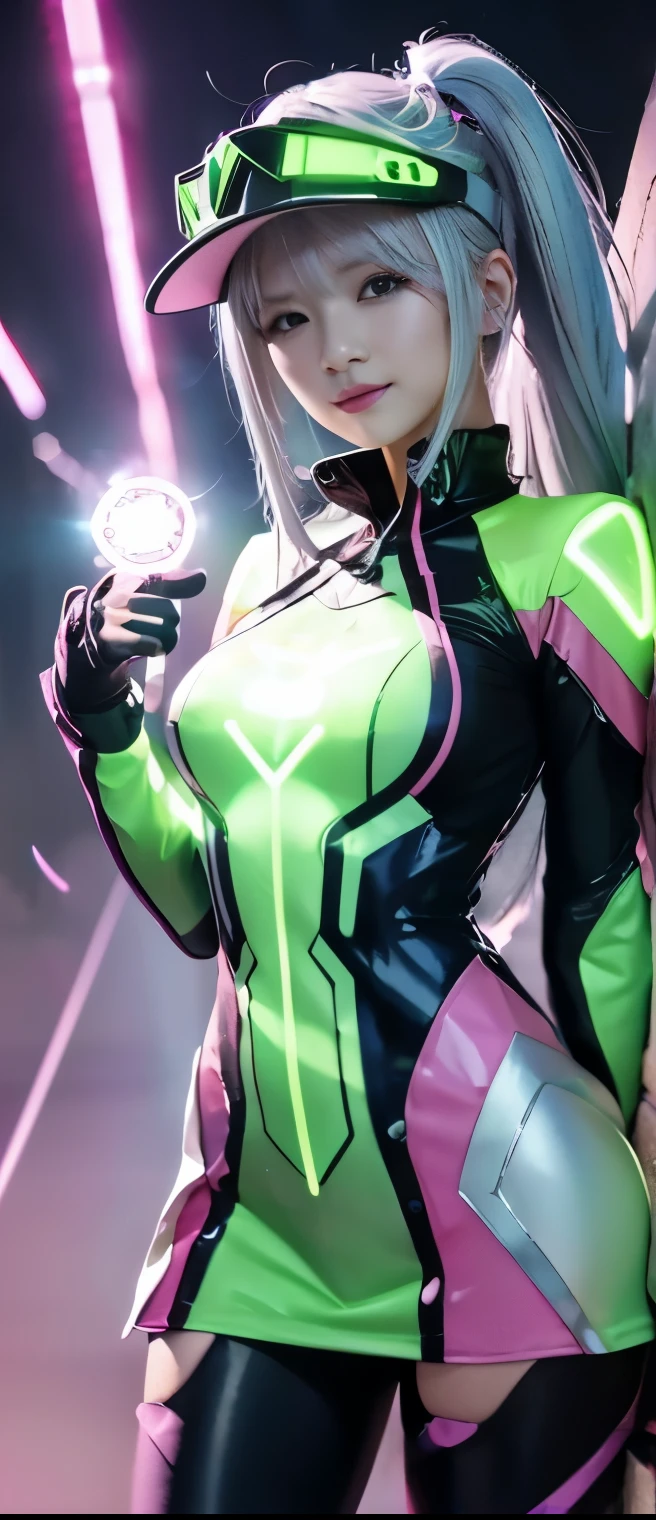 Flashy Cyber Idol Girl（silver hair）、A pure girl's face、 hypo、fluorescent green tight dress、Pink Cyber Jacket、 sun visor、Thunderbelt 、Glowing Graffiti Thunder、