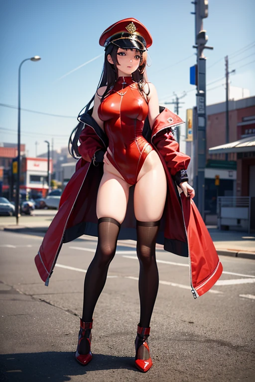(Best Quality, Masterpiece), 1girl, superhero, leotard, highleg leotard, bare legs, boots, standing, solo focus, tight belt, hands on hip, full body shot, mature lady, city backdrop, sleeveless, ultra highres, absurdres, beautiful face, detailed eyes, symmetric eyes, ((only five fingers)), perfect body, good proportions