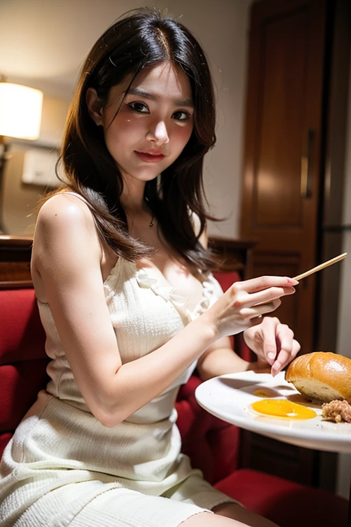 (4K), (Highest quality), (Best details), (Realistic)、At a local Chinese restaurant、Beautiful Japanese girl eating gyoza set meal、Completely naked、Frugal makeup、Brown Hair、Blue Eyes、Calm face