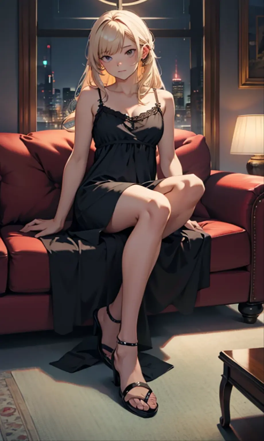 full body of girl in night party dress sitting on couch, perfect body