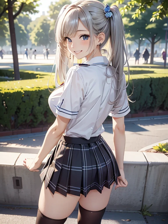 highest quality、High resolution、detailed background、beautiful and detailed face、beautiful and smooth skin、skin texture、professional lighting、Beautiful teenage girl、3 women、(huge breasts:1.1)、big ass、panty shot、sexy panties、string panties、cuteセーラー服か制服、white sailor collar、Pleated mini skirt with tartan plaid pattern、cute髪型、High Socks Over Knee、knee high socks、
 Sunny、school zone、in the city、(backwards、emphasize the buttocks)、strong wind is blowing、panty shot、cute、emphasize the buttocks、laughter、smile、sexual expression、sexual butt and back