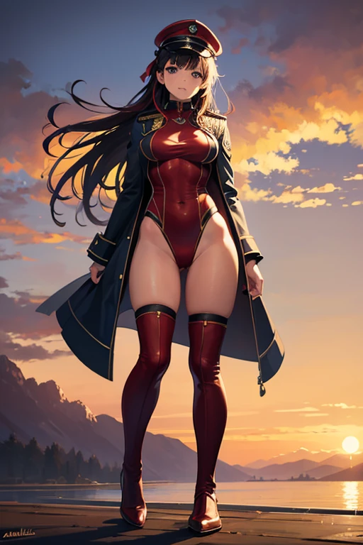 2 women's beauty pageants，25 age old，Large breasts，Pornographic exposure， 独奏，（Background with：ln the forest，the rainforest，in summer） with his long black hair，standing on your feet，Sweat profusely，drenched all over the body，seen from the front， curlies， mostly cloudy sky，（（（tmasterpiece），（Very detailed CG unity 8K wallpaper），best qualtiy，cinmatic lighting，detailed back ground，beatiful detailed eyes，Bright pupils，（Very fine and beautiful），（Beautiful and detailed eye description），ultra - detailed，tmasterpiece，）），facing at camera，A high resolution，ultra - detailed），revealing breasts，Bare genitalia， Bulge，Camel toes，Raised sexy，Flushed complexion，Open-mouthed，frontage，girl soldier，military hat（Wearing：White loose shirt，black necktie，Pantyhose，Red cape）nakeness，high-heels