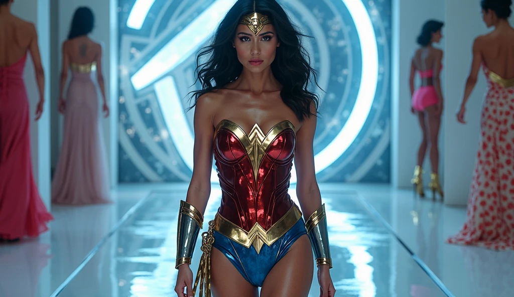 Realistic portrait of Gal Gadot, a single talented nineteen-year-old woman Diana Prince/Mulher-Maravilha, born under the sign of Taurus, sensitive and delicate, white a graceful height of 1.78 meters and a weight of 59 kilograms. She enchants everyone with her unique beauty, her pale skin and brown eyes accentuate her delicate features, enhanced by her long and silky black hair. 86 bust, 60 waist, 89 hips. She with a touch of boldness subtly reveals her legs, giving a sensual touch, creating an attractive and provocative look. with Wonder Woman's destroyed red bib with a yellow top edge themed Valkyrie, it exposes her beautiful breasts, and her destroyed torn blue skirt shows her vagina. of her momentum of her silhouette, giving her an elegant and confident posture, adding even more glamor and refinement to a refined and seductive look. The setting is a strip club designed with a background stained with human sperm, providing an erotic and versatile environment. The soft and elegant lighting spreads throughout the space, creating a pleasant and welcoming atmosphere. The soft tones of the light highlight the shapes and elements delicately, giving a sense of refinement to the well-lit environment and an elegant aesthetic. Studio lighting consists of three types of lights: the main light, the backlight and the fill light. The focus is on the shoulders and hands, highlighting expressive gestures, capturing the essence of emotions and messages, making the image more engaging and impactful, adding depth and meaning, red lips, abuse of chromatic aberration, UHD, retina, masterpiece, accurate, anatomically correct, textured skin, super detail, high detail, high quality, award winning, best quality, high resolution, 1080P, HD, 4K, 8k, 16k --q 5