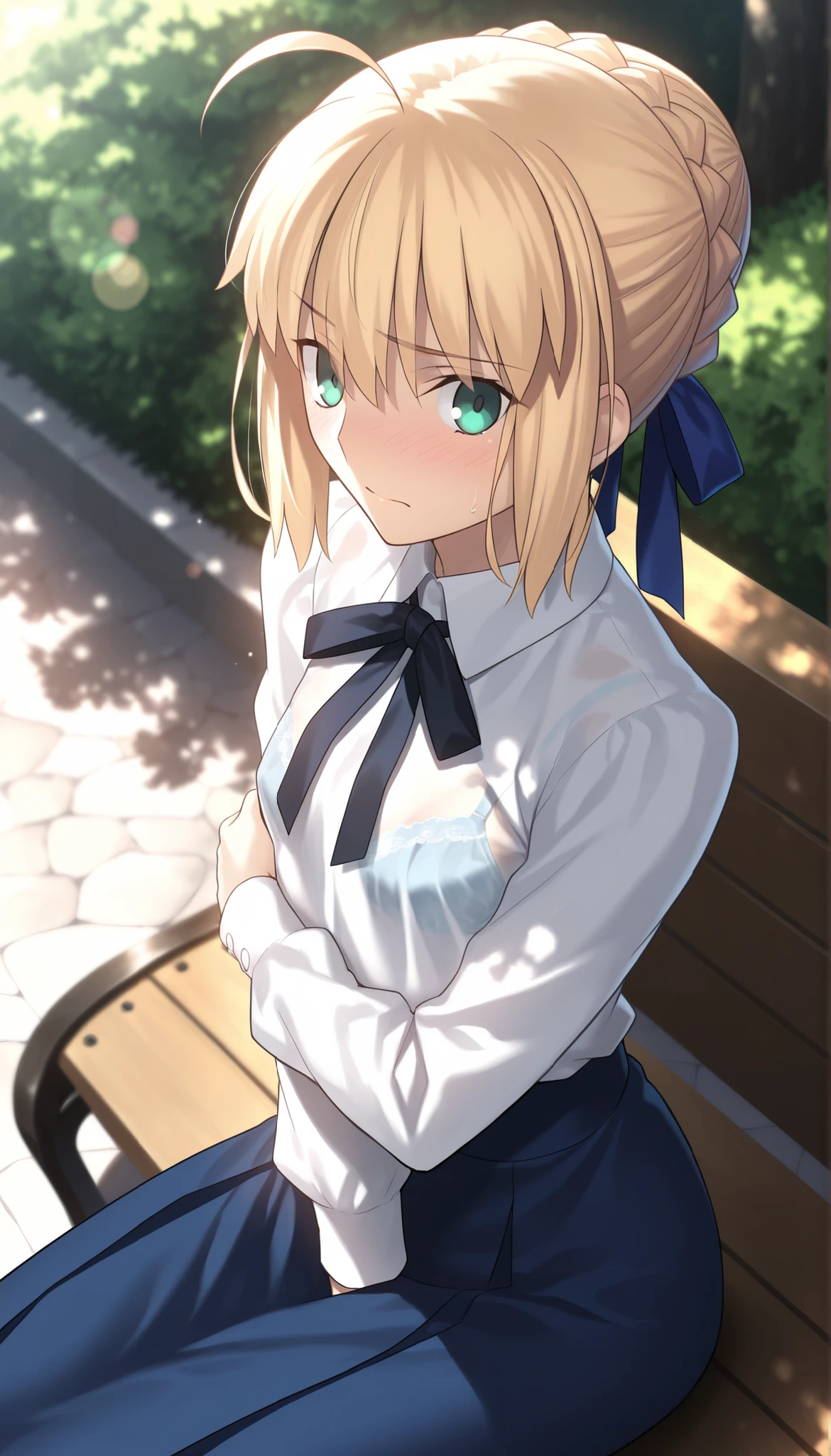 masterpiece, , absurdres, highres, detailed background, high resolution, masterpiece, necessary, detail, best quality, quality, necessary, details, High details, Precise, dark, outdoors, dappled sunlight, day, lens flare, blurry background, from above, upper body, from side, from above, close up,                                             
                                                                                                                                                                                                                         1girl, solo, Takeuchi Takashi (type-moon,fate) style, takeuchi takashi style, 
   
tall girl, mature, artoria pendragon, artoria pendragon (fate), saber, hair bun, single hair bun, braid, blonde hair, green eyes, , ahoge, (sitting on bench), embarrassed, arm under breasts, 
(long skirt, shirt, long sleeves, ribbon, white shirt, pantyhose, black pantyhose, blouse,), see-through, bra, undress black ribbon, small breast, flat chest, , looking at viewer, , 