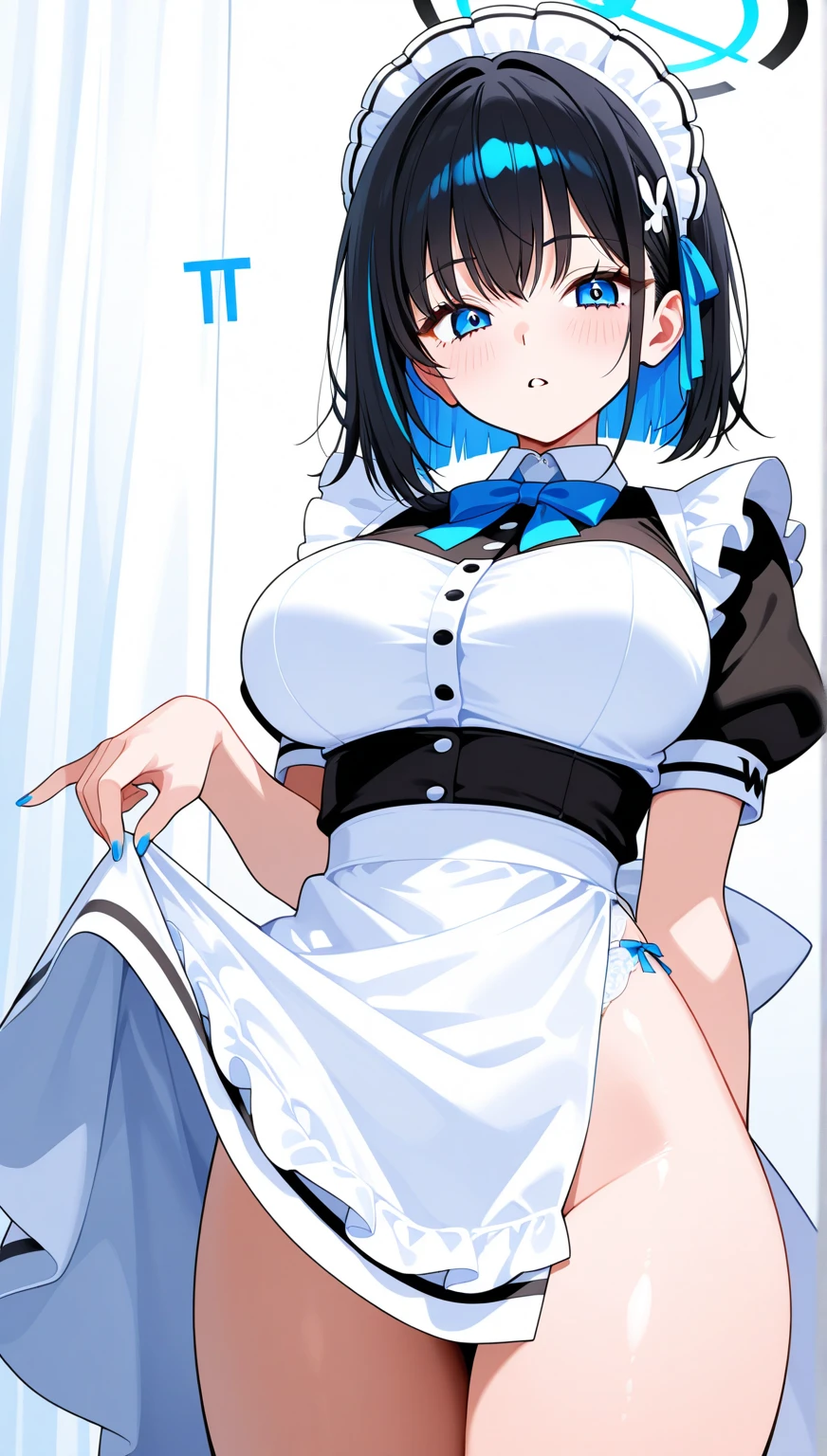 Main piece、high quality、High resolution、1 girl,single, Ruka Sarashina、jewelry、skirt、Maid uniform that exposes the breasts、Japan maid café、Woman with black hair、short hair、black hair、black pantyhose, Blue eyes, long sleeve, blue hair band, bangs, big full breast, cleavage, Medium waist, medium hips, wide thighs, Cowboy photos, smile, fascinating, embarrassing, blush、lots of people, looking at the viewer,From above、high angle,very big breasts、cleavage、Well good、no panties、no panties、Very short skirt、nipple、Serve nipple、Milk spurts out of nipple、Milk drips from nipple、whole body、Nipples、Exposing the breasts、show pussy、Spread your legs