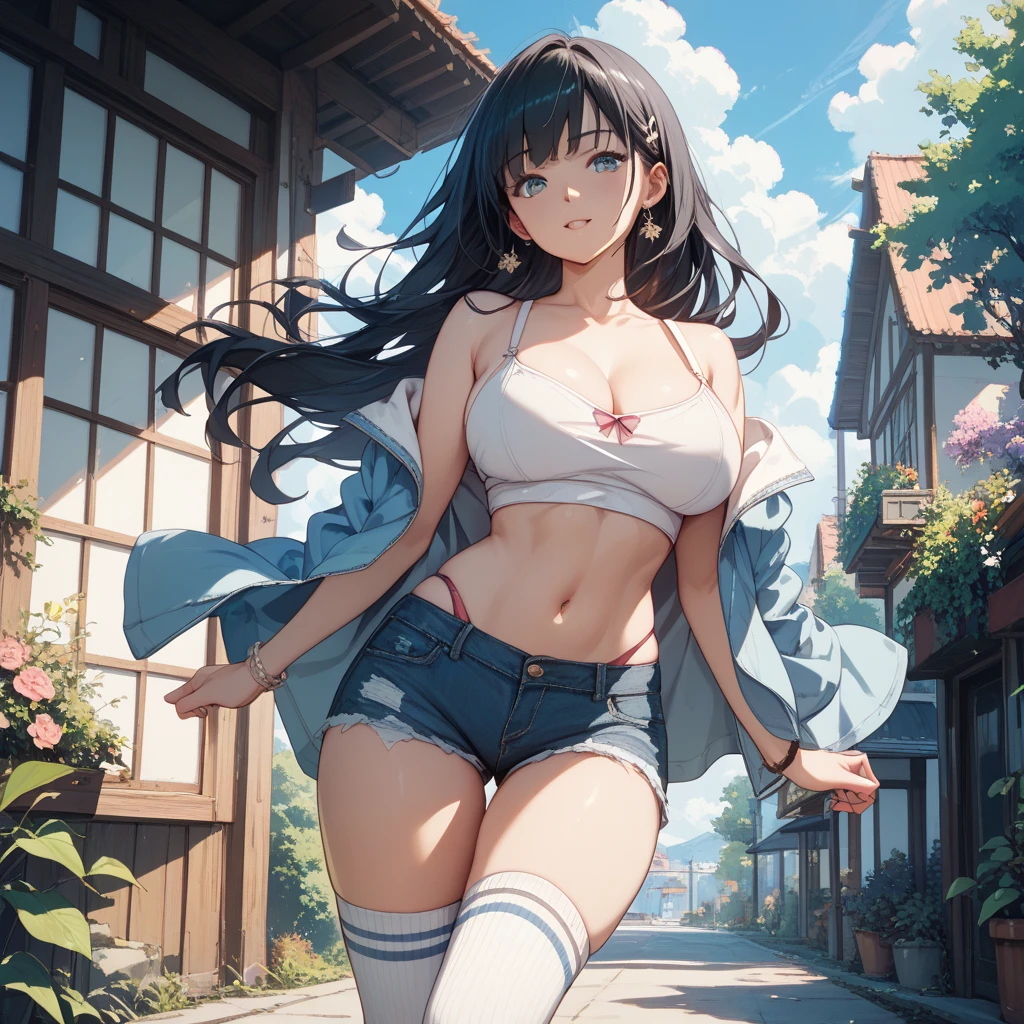 Dynamic poses, ultra detail, small breast, top quality, masterpiece,detail face, top quality, jewellery, elegant, blush, navel, six pack, body goals:1.5, hair ornament, full body shot, 1female,(Very detailed CG unity 8K wallpaper),best qualtiy,cinematic lighting,beatiful detailed eyes,Bright pupil,Redlip(Very fine and beautiful),(Beautiful and detailed eye description),ultra - detailed,masterpiece,), exposed cleavage, tight skirt, stocking:1.5, handsock:1.2