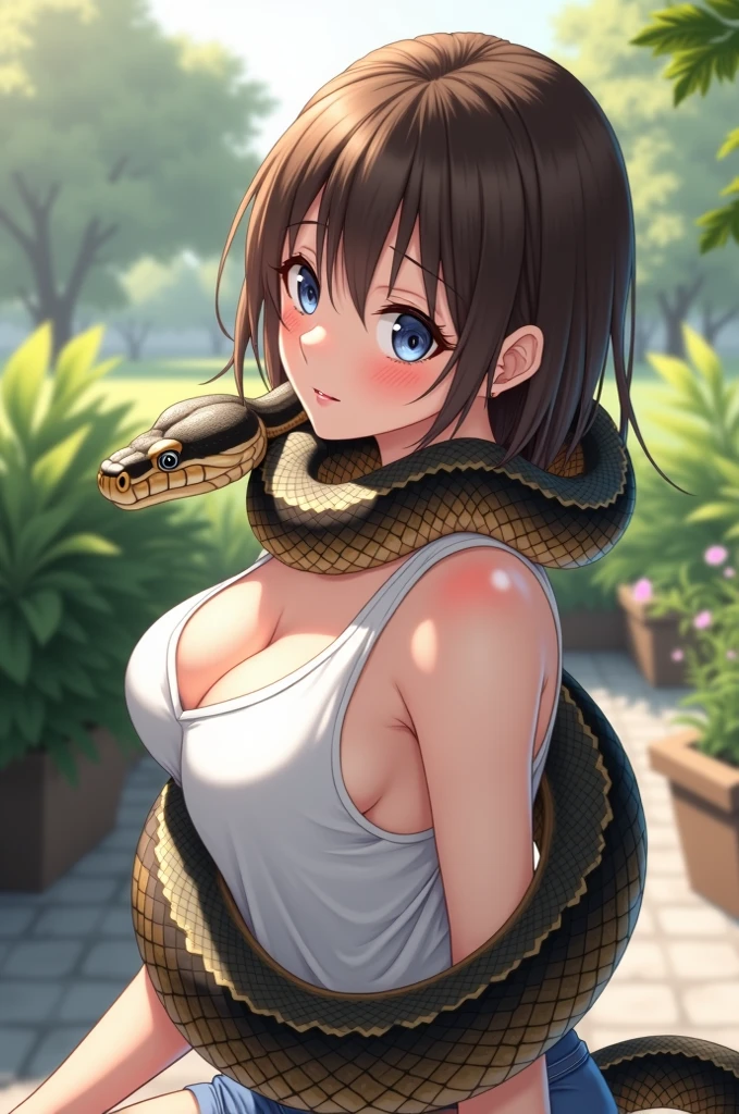 famale_solo,A woman,Smile,Wearing a bikini,(Cleavage:0.7),(Holding a python:1.05),Python clings to woman,Gentle atmosphere,Sexy atmosphere,Ray Tracing,8k,masterpiece,Top image quality,(Practical:1.2)