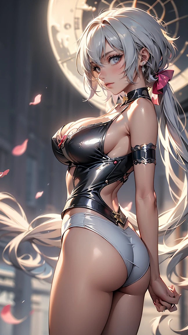 Silver hair, pink eyes, body, cat ears, sexy girl, earrings, cloud and sun background, hair bows, princess warrior