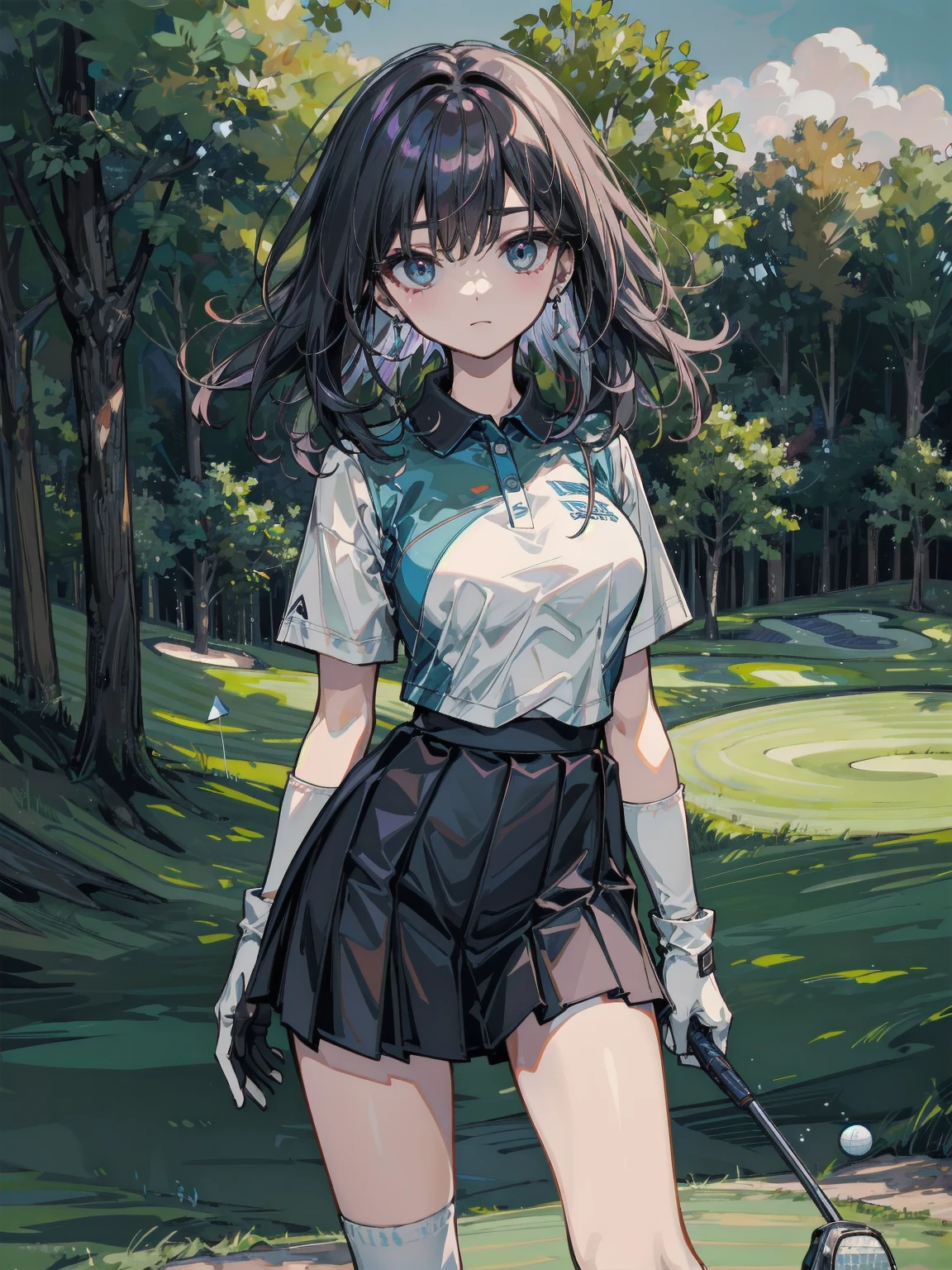 golf uniform, shorts, absurdres, RAW photo, extremely delicate and beautiful, masterpiece, Best Quality, ultra high resolution, 32k, hyperrealistic, ultra-detailed, detailed description, pale skin, 20 years old, tearful mole, earring, big tits, short medium hair, wavy hair, whole body shot,