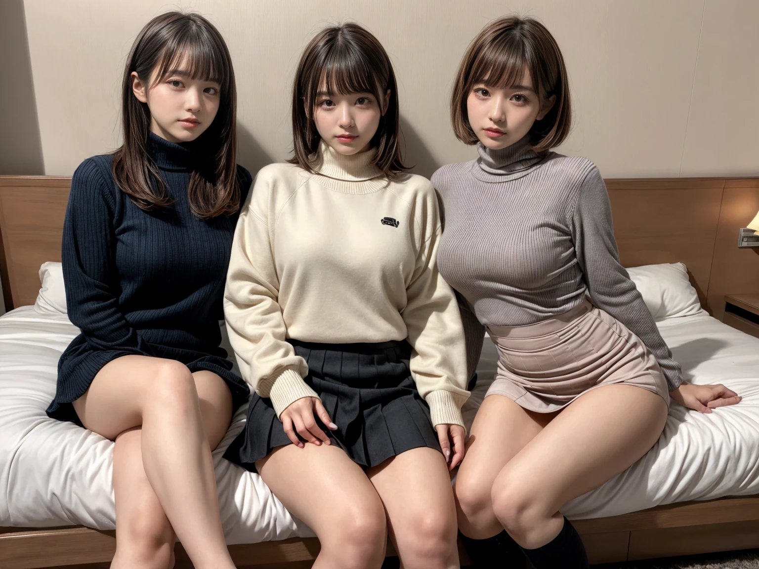 masterpiece, best quality, illustration, Super detailed, fine details, High resolution, 8K,wall paper, perfect dynamic composition,(Details High quality, realistic depiction of eyes:1.3), (3 girls), (Fleece jacket, turtleneck sweater, pleated skirt:1.2), sitting, open legs, short bob hair, in a hotel room in the background, deep on field, large breasts, black hair color, Big Natural Color Lip, (perfect body shape), crying a little、Harajuku style、20 year old girl、cute type、beautiful legs, Gravure Idol