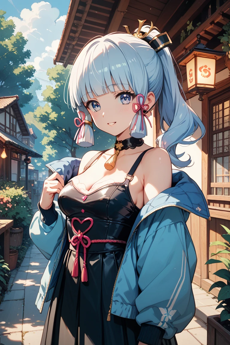 (masutepiece, of the highest quality, Best Quality, Official art, Beautiful and aesthetic:1.2), Extremely detailed,(Colorful:1.1),highest details, one arafed woman with braids white hair and pink tips and purple eyes, big breast, sfw, white crop top and leather mini skirt, night, big blue moon, japanese temple